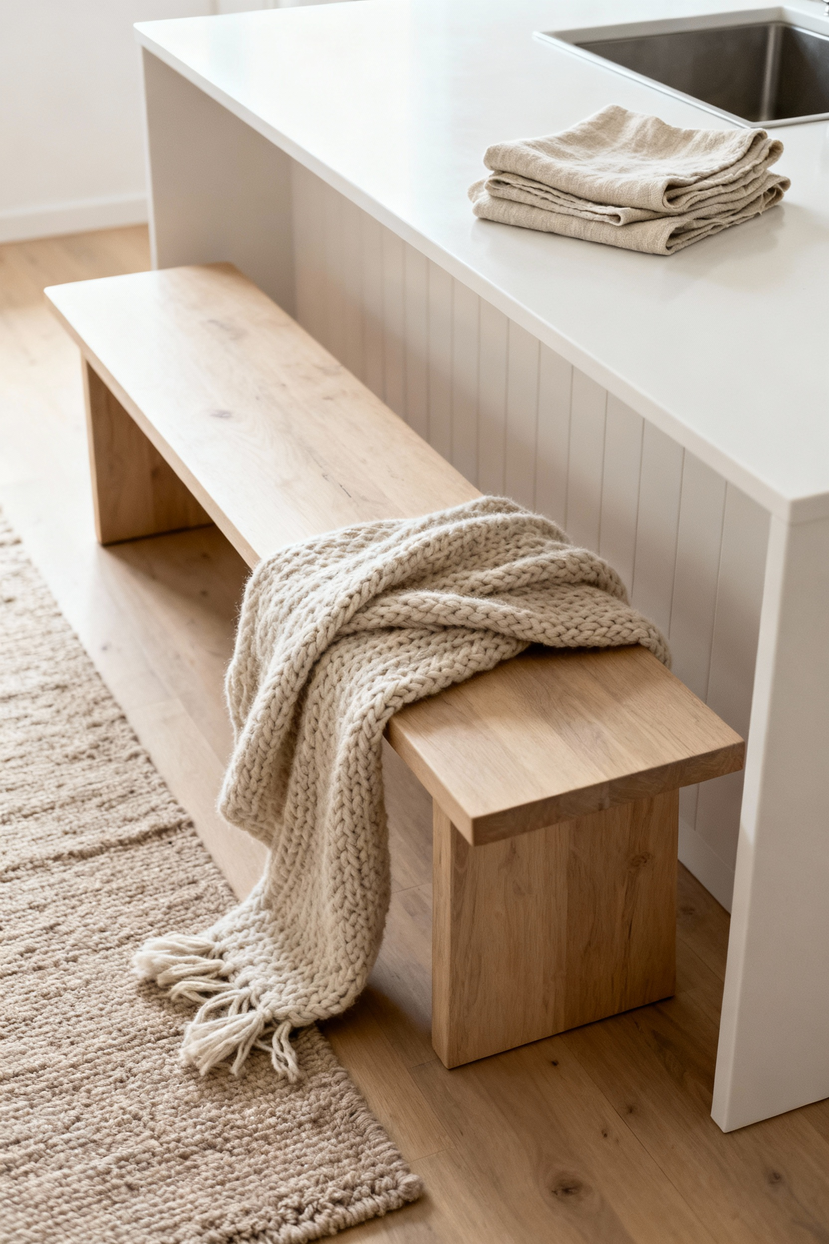A cozy Scandinavian kitchen corner featuring a natural wool throw draped over a wooden bench, linen dishtowels on a counter, and a textured area rug, showcasing intentional textile layering for warmth and improved acoustics.