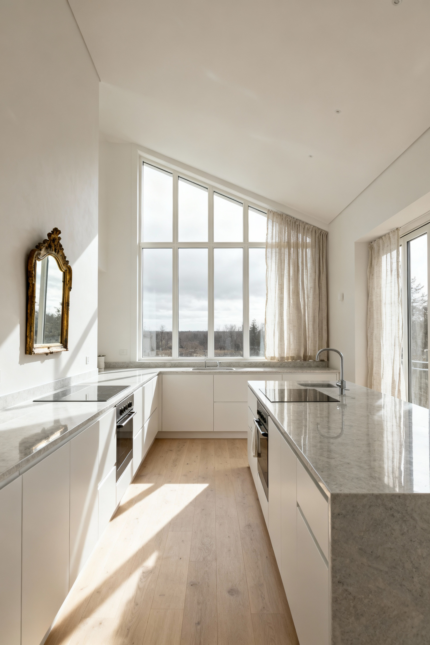 Bright Scandinavian kitchen with large windows, light wood flooring, white cabinetry, polished stone countertops, and a vintage mirror reflecting natural light.