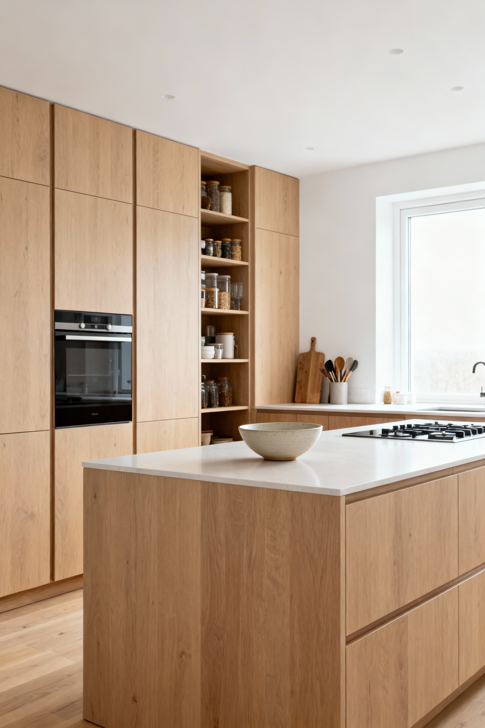 A pristine Scandinavian kitchen showcasing minimalist design with integrated, handleless cabinetry that discreetly hides all kitchen essentials, promoting a calm and uncluttered environment with smart storage solutions.