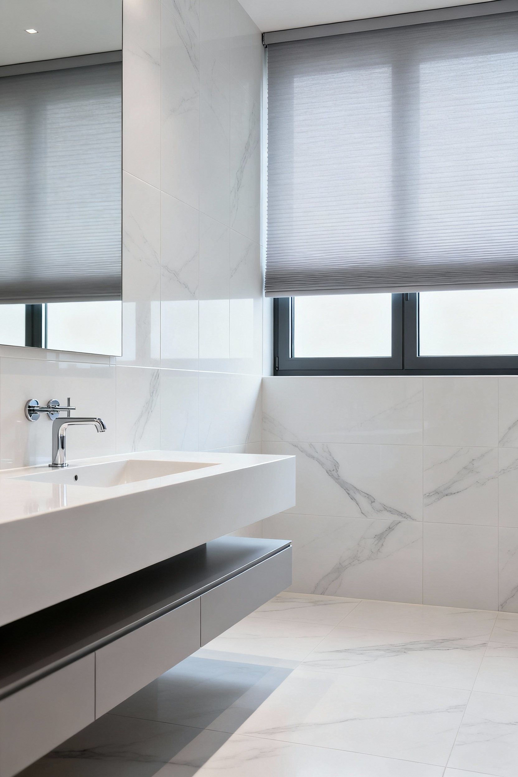 A minimalist bathroom interior showcasing misty grey cellular shades perfectly integrated with the off-white and subtle grey tiled walls, creating a harmonious and serene color palette.