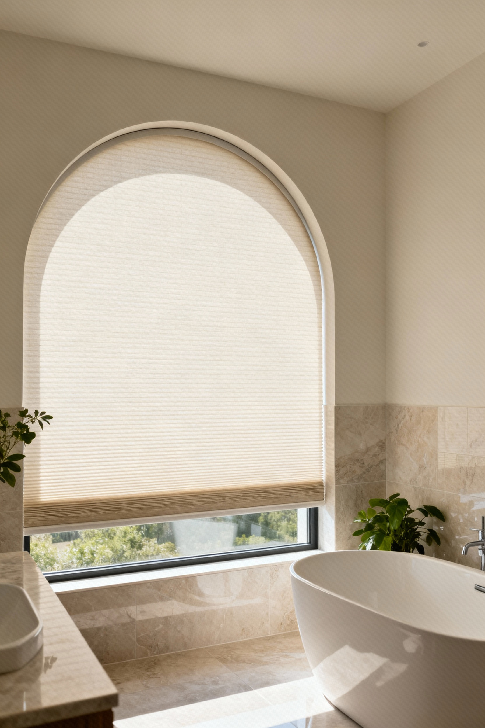 A modern bathroom features an elegant arched window with custom-fitted cellular shades in a soft, neutral fabric, seamlessly integrated into the unique window shape, providing privacy and diffusing natural light.