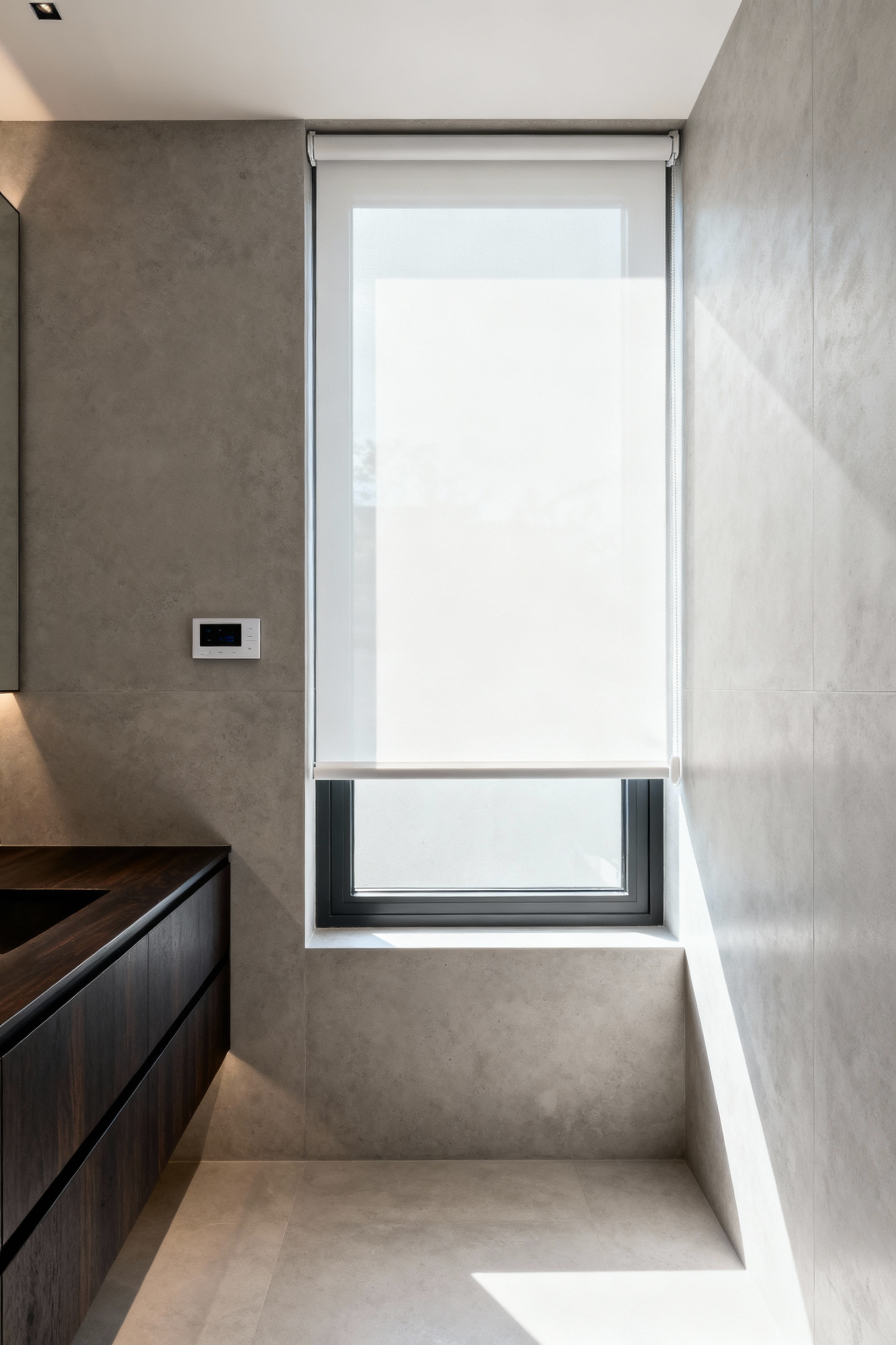 Modern bathroom with a large window featuring sleek, off-white motorized window treatments, demonstrating effortless automation and accessible living in a serene and minimalist space with soft natural light.