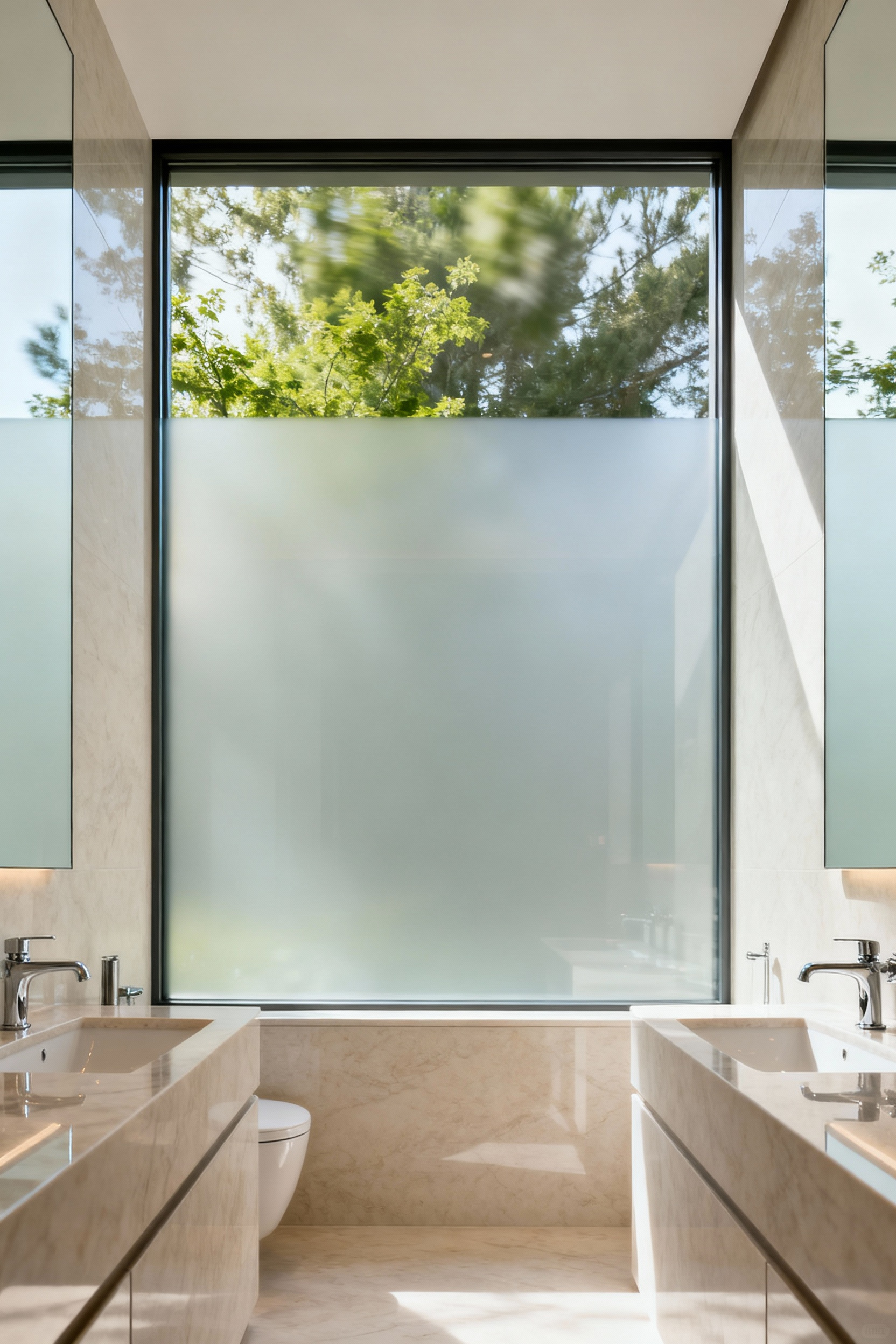 A modern bathroom featuring an advanced smart glass window, transitioning between clear and opaque states, offering both natural light and instant privacy.