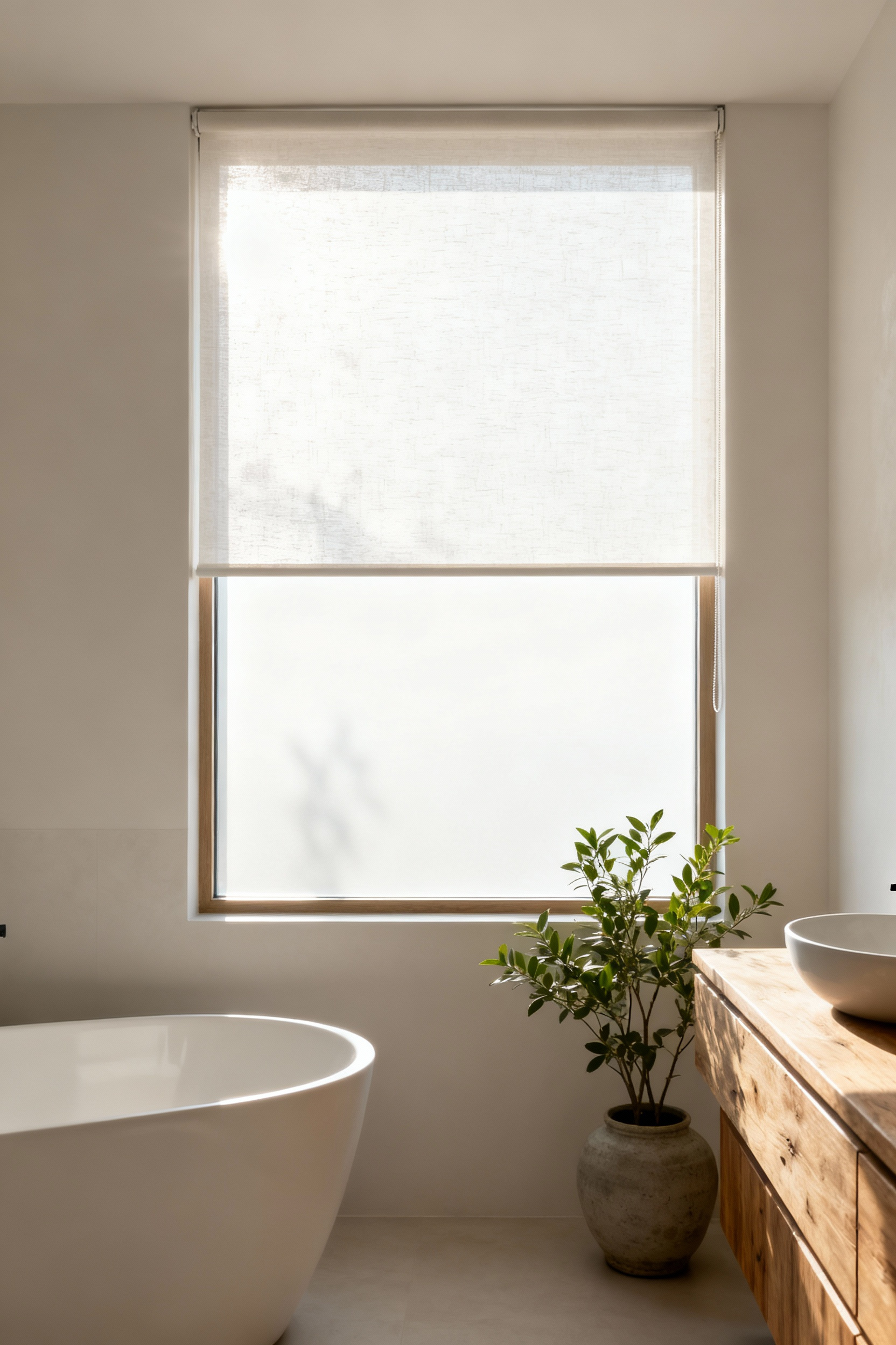 A serene bathroom with a window featuring light-colored translucent roller shades, filtering natural light to create a soft, diffused glow and gentle privacy. The scene shows a modern, clean design with a freestanding tub and natural wood accents.