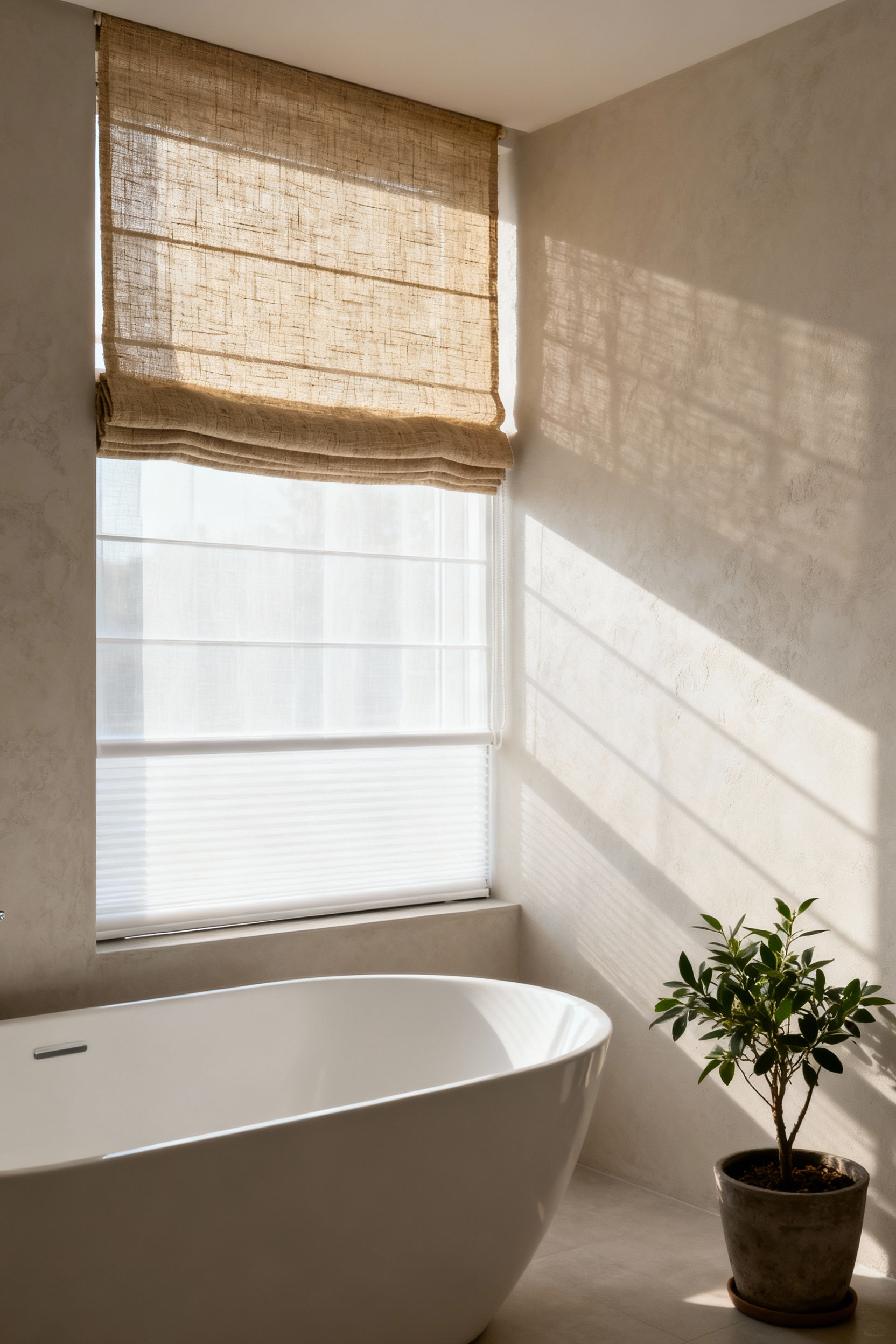 Serene and pristine bathroom with a large window featuring layered, elegant window treatments, a soaking tub, and a small plant, symbolizing a holistic wellness assessment for optimal rejuvenation.