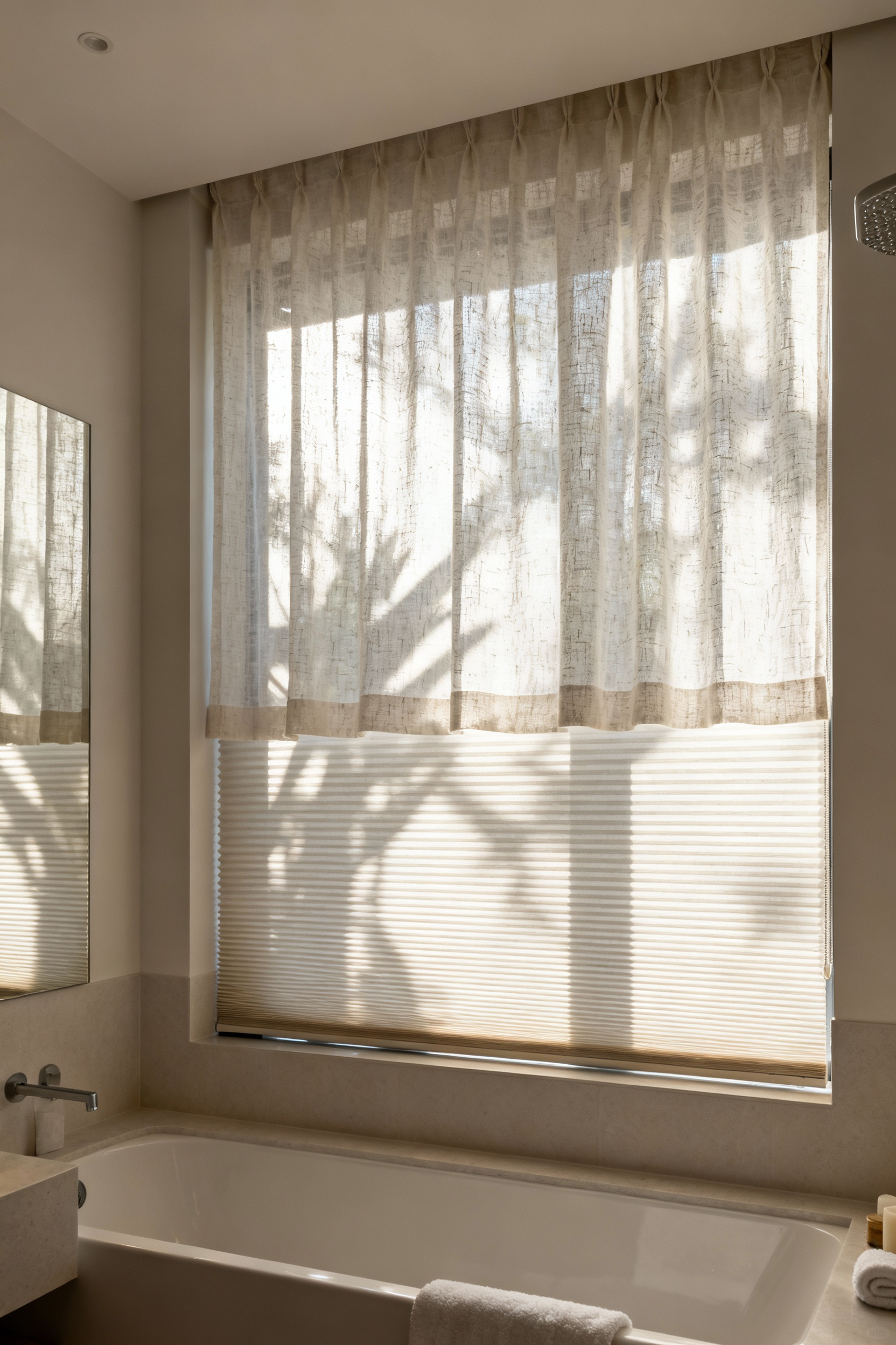 Modern bathroom window with layered treatments featuring cellular shades and sheer drapes, illustrating dynamic light and privacy control for a serene spa-like ambiance.