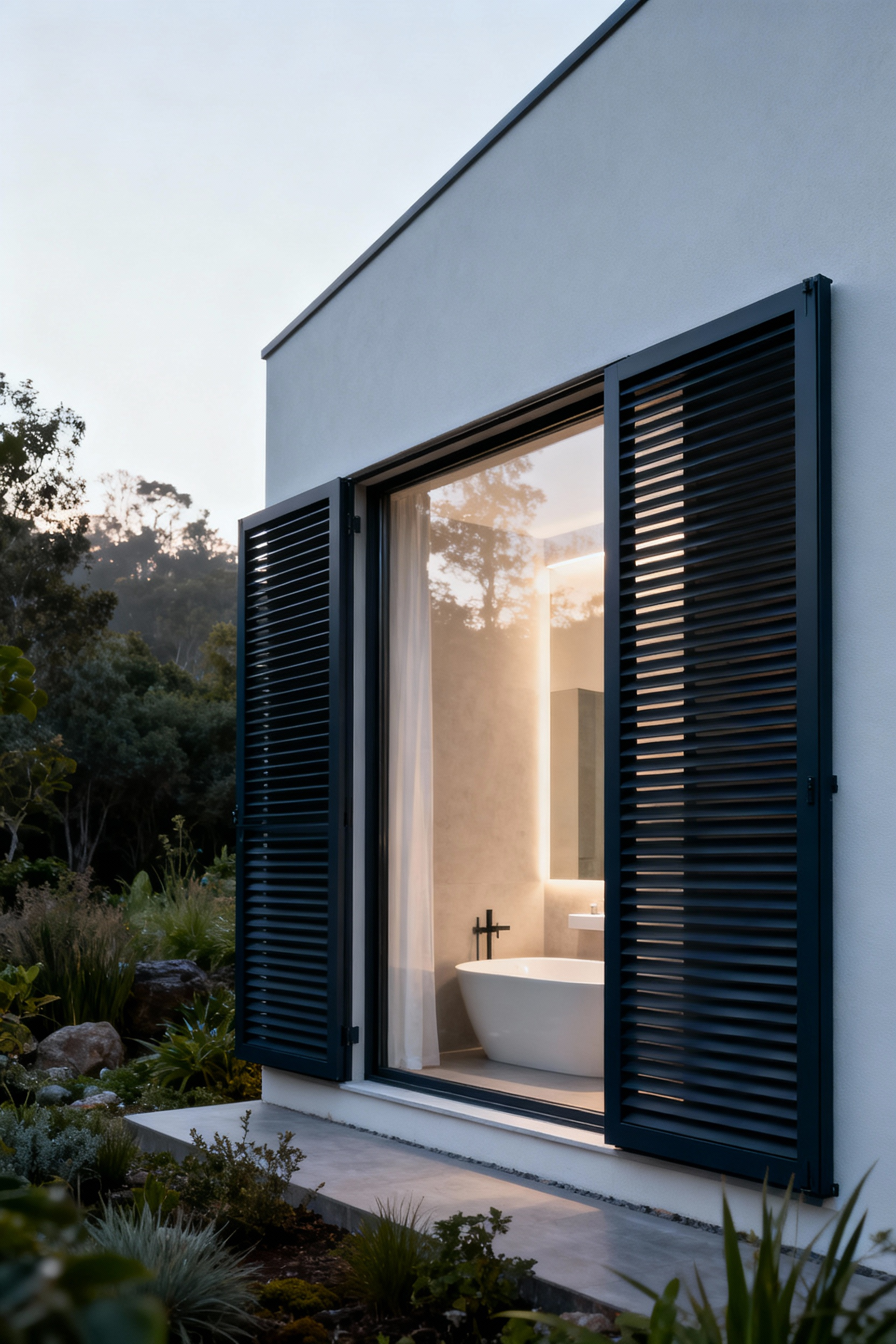 Modern house exterior with sleek dark gray aluminum external louvers installed on a large bathroom window, filtering sunlight into a bright, private interior space. The architecture is contemporary, integrated with a lush green garden.