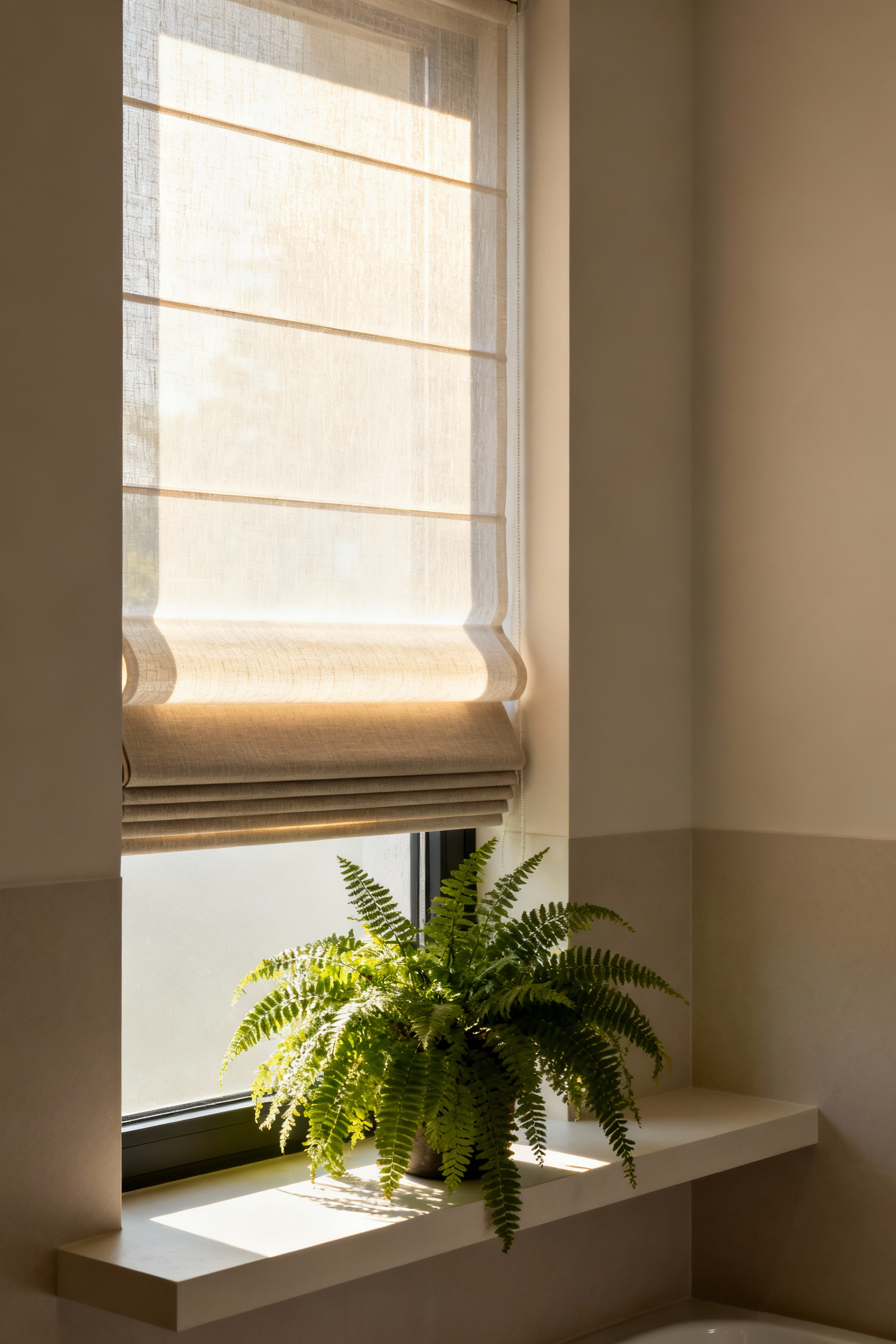 A modern bathroom window featuring multi-dimensional layered window treatments with a sheer shade and opaque blind. A potted plant sits on a shelf, showcasing light diffusion and privacy control in a spa-like setting.