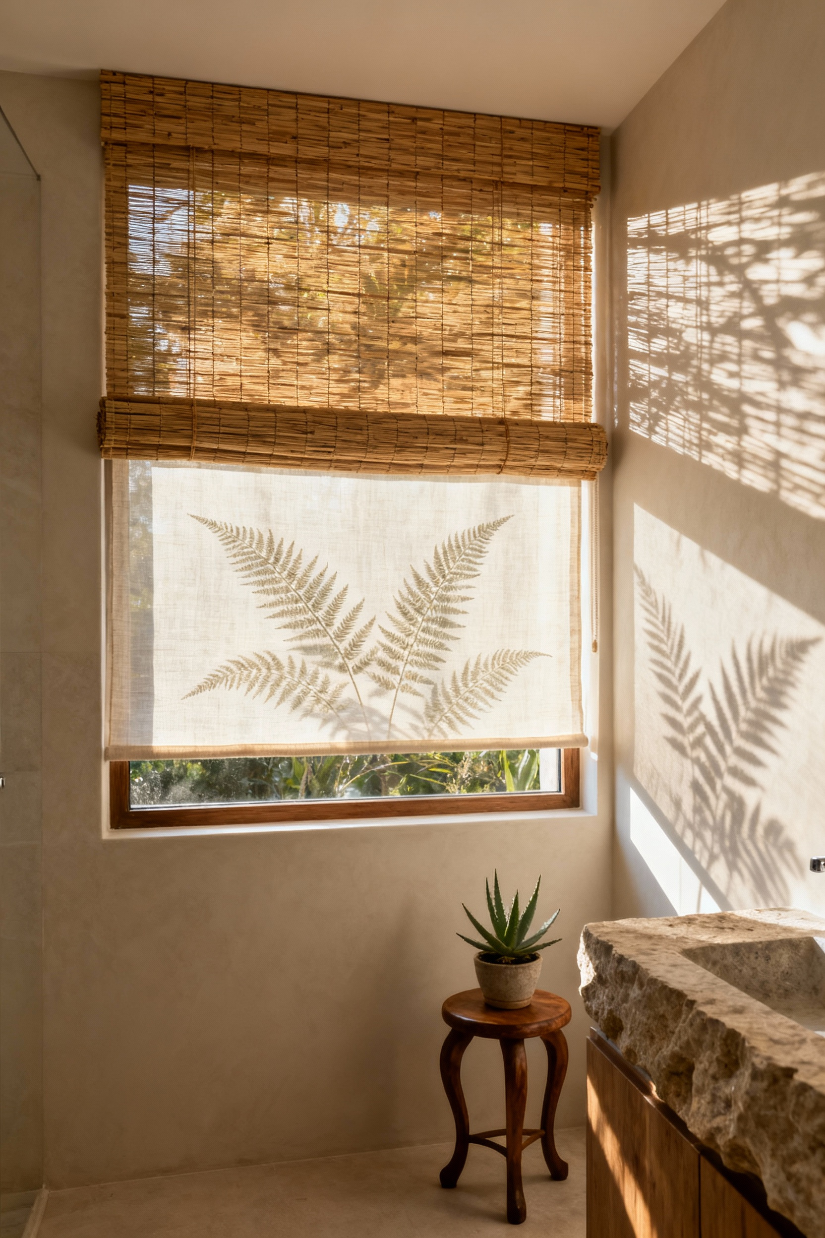 A luxurious bathroom interior featuring biophilic window treatments, including woven bamboo roman shades and a sheer linen roller blind with a subtle fern pattern, enhancing a connection to nature with soft, filtered natural light.