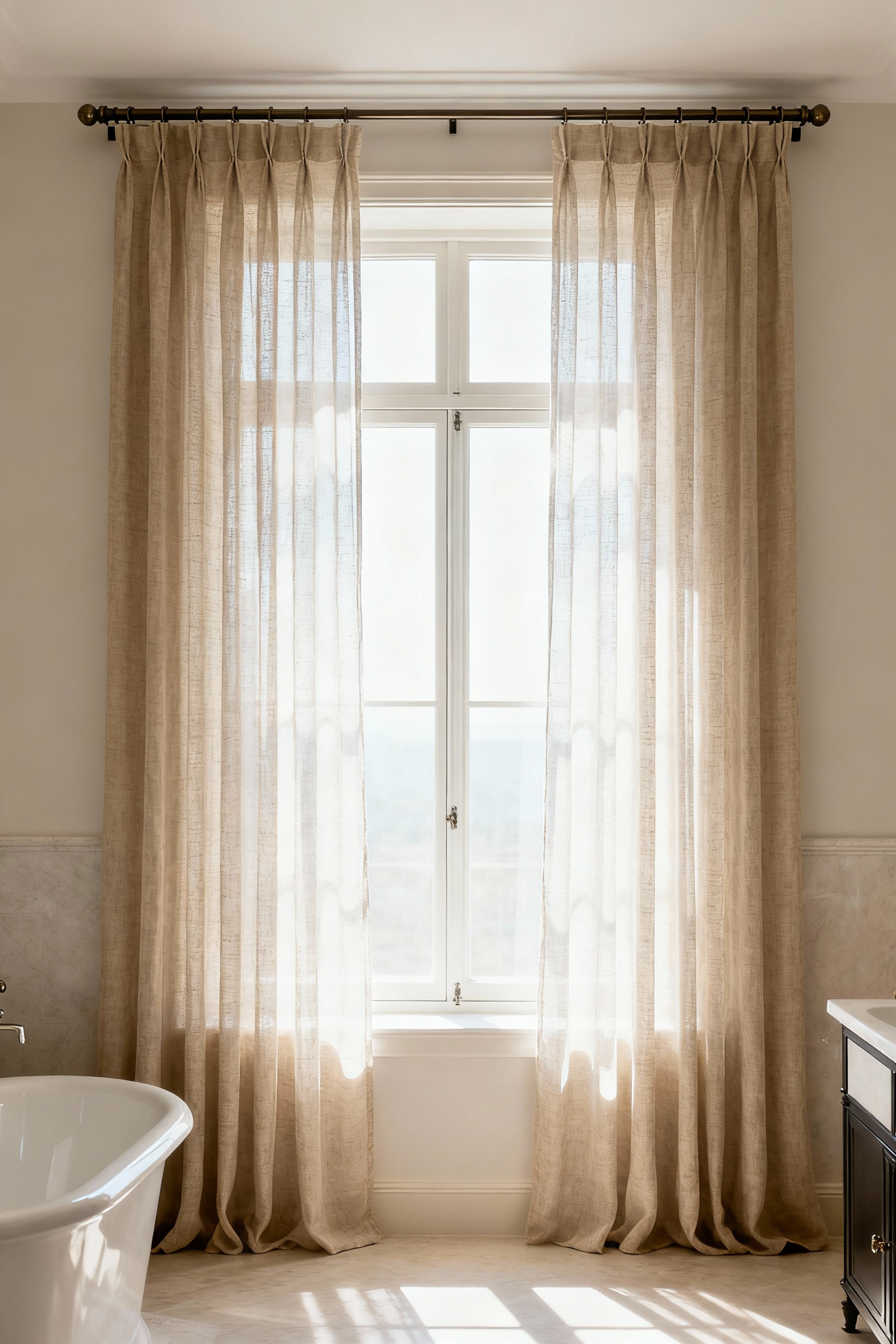 Luxurious bathroom interior with large windows adorned by elegant outside mount drapery, extending past the window frame to visually enlarge the space and soften natural light. The room feels expansive and serene.