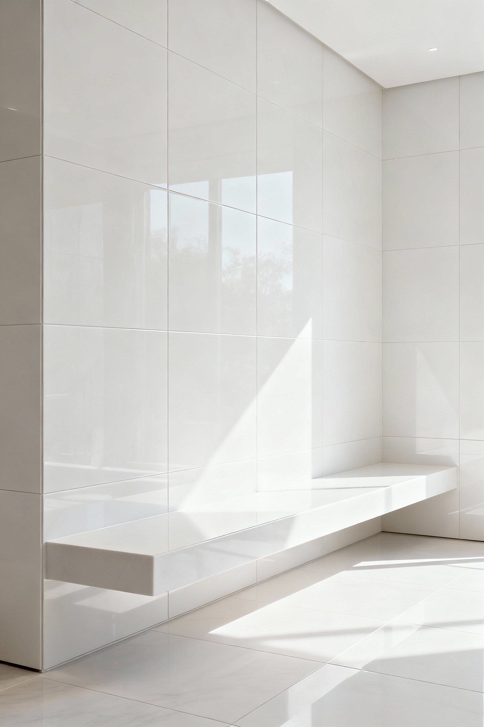 A modern, minimalist white bathroom with large-format white tiles extending seamlessly from the wall onto an integrated, built-in bench. The space is bright with natural light, emphasizing the architectural fluidity and clean lines.