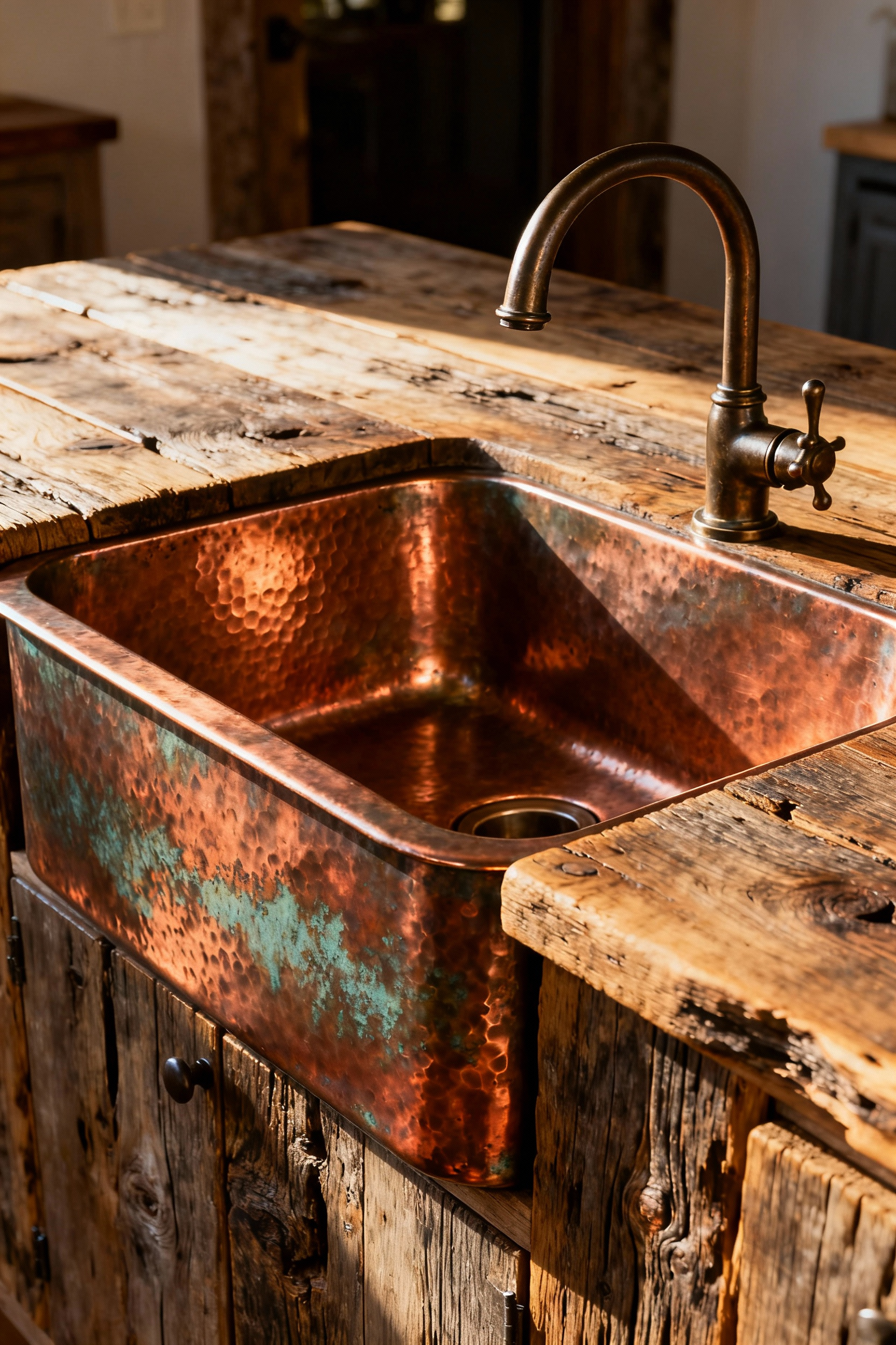 A deep, heavily textured hammered copper apron-front sink set into a thick, distressed wooden countertop in a rustic kitchen, showing a developing verdigris patina.