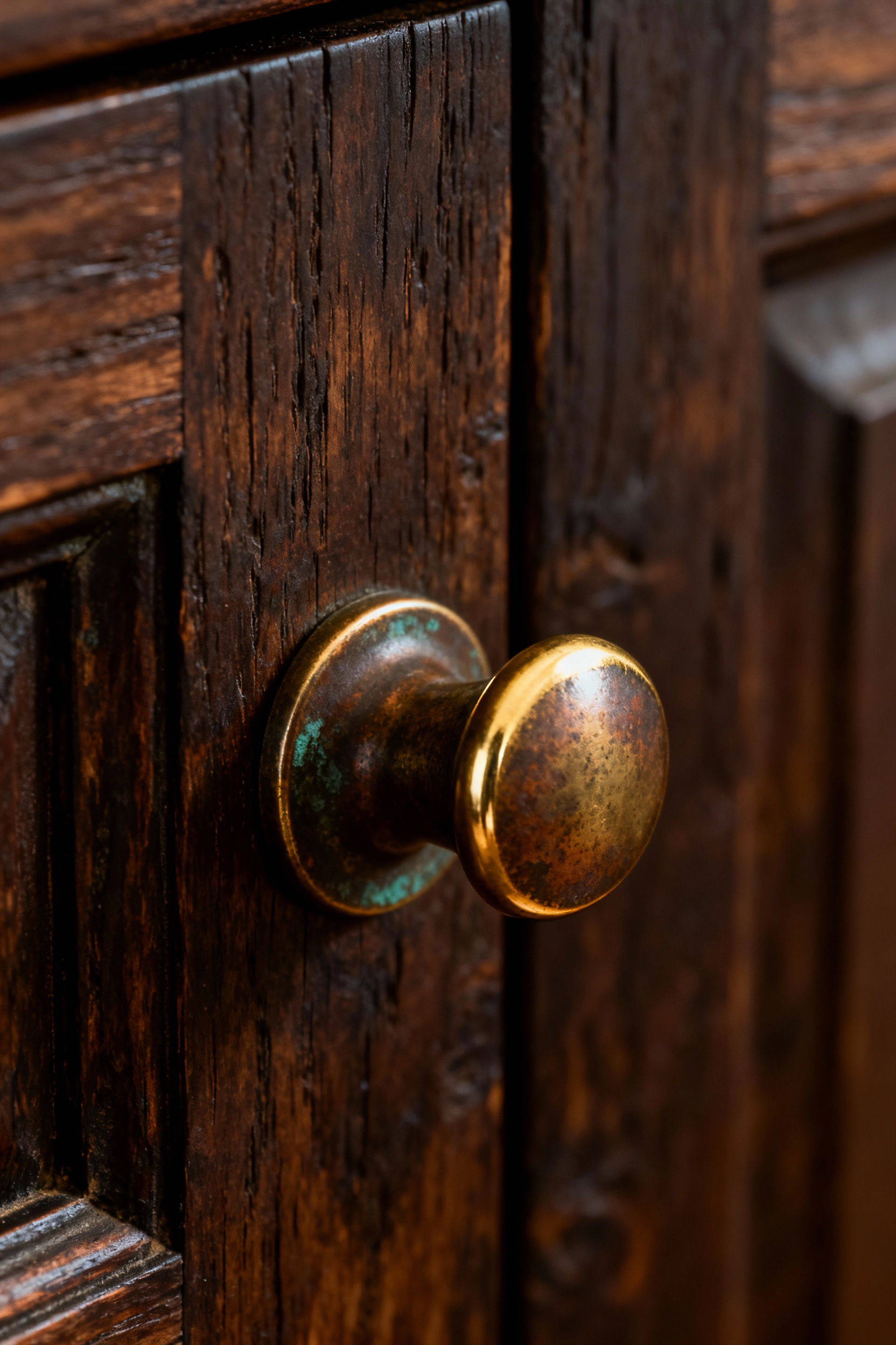 Close-up macro photograph of an unlacquered brass cup pull on a dark wooden rustic kitchen cabinet, showing the contrast between the highly polished, gleaming areas where hands touch and the deep, dark oxidation (patina) in the recessed areas.