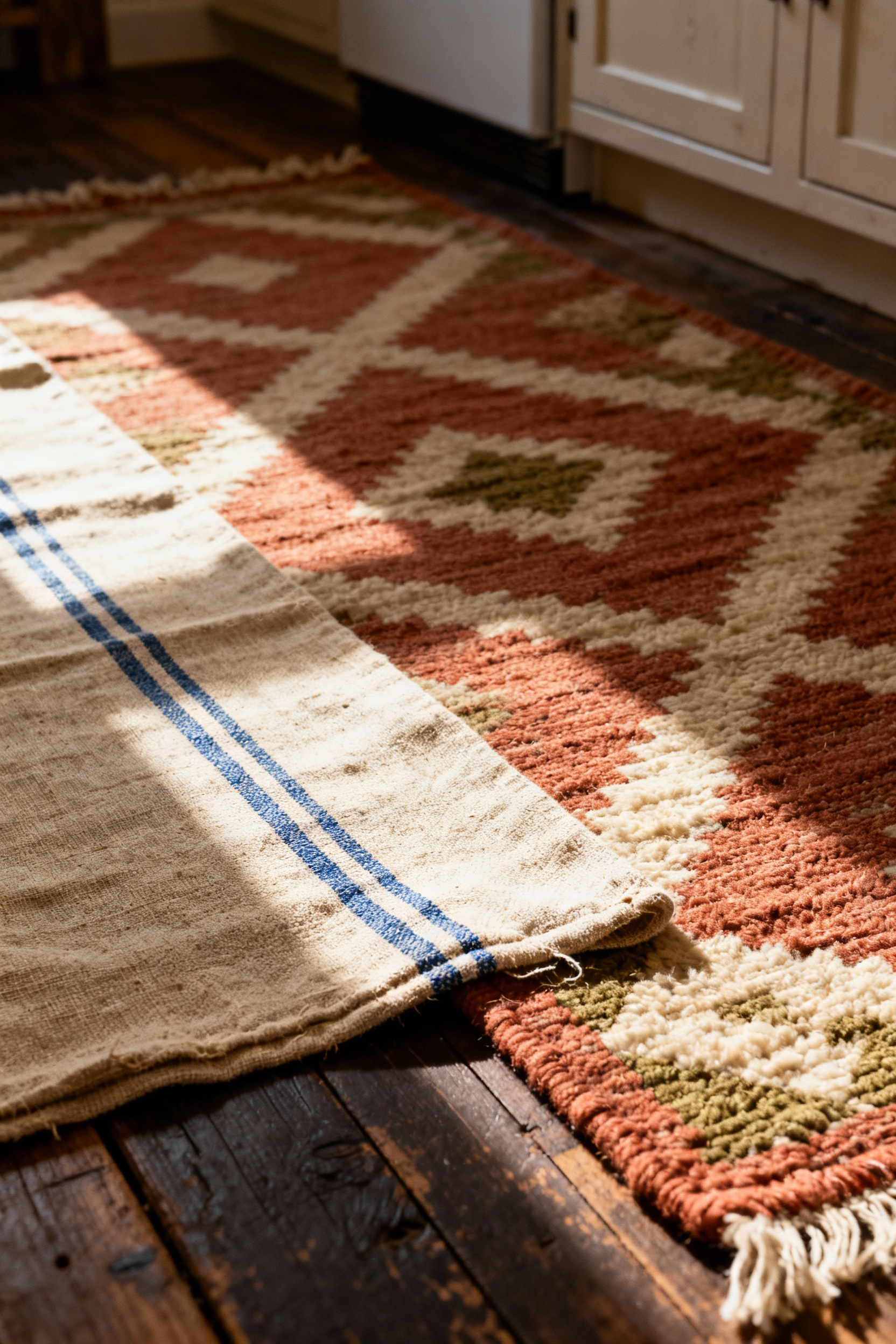 A detailed, low-angle shot showcasing two layered floor runners in a rustic kitchen: a coarse vintage grain sack linen textile placed over a thick, patterned wool rug on distressed wooden floorboards.