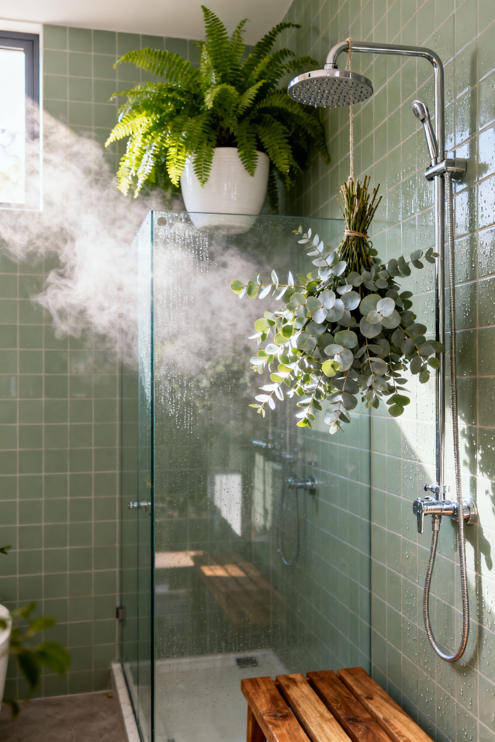A serene sage green bathroom shower stall filled with soft steam. A large bouquet of fresh eucalyptus hangs from the showerhead, designed for natural aromatherapy and biophilic integration.