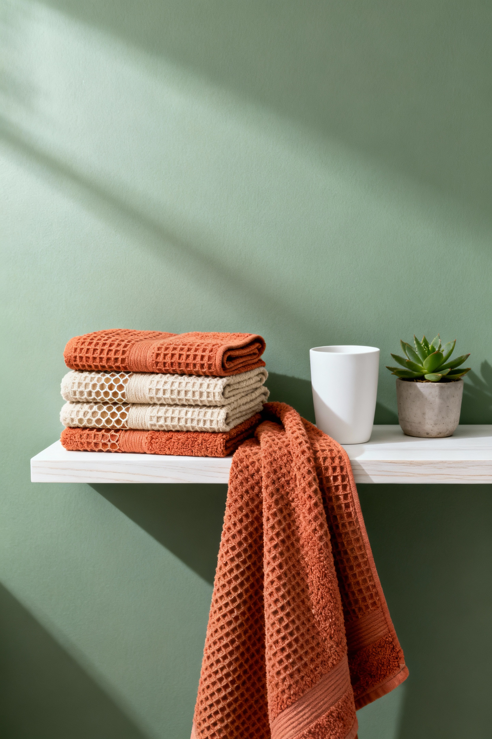 Neatly stacked terracotta and oatmeal waffle-weave organic cotton towels displayed on a white oak shelf against a sage green bathroom wall.