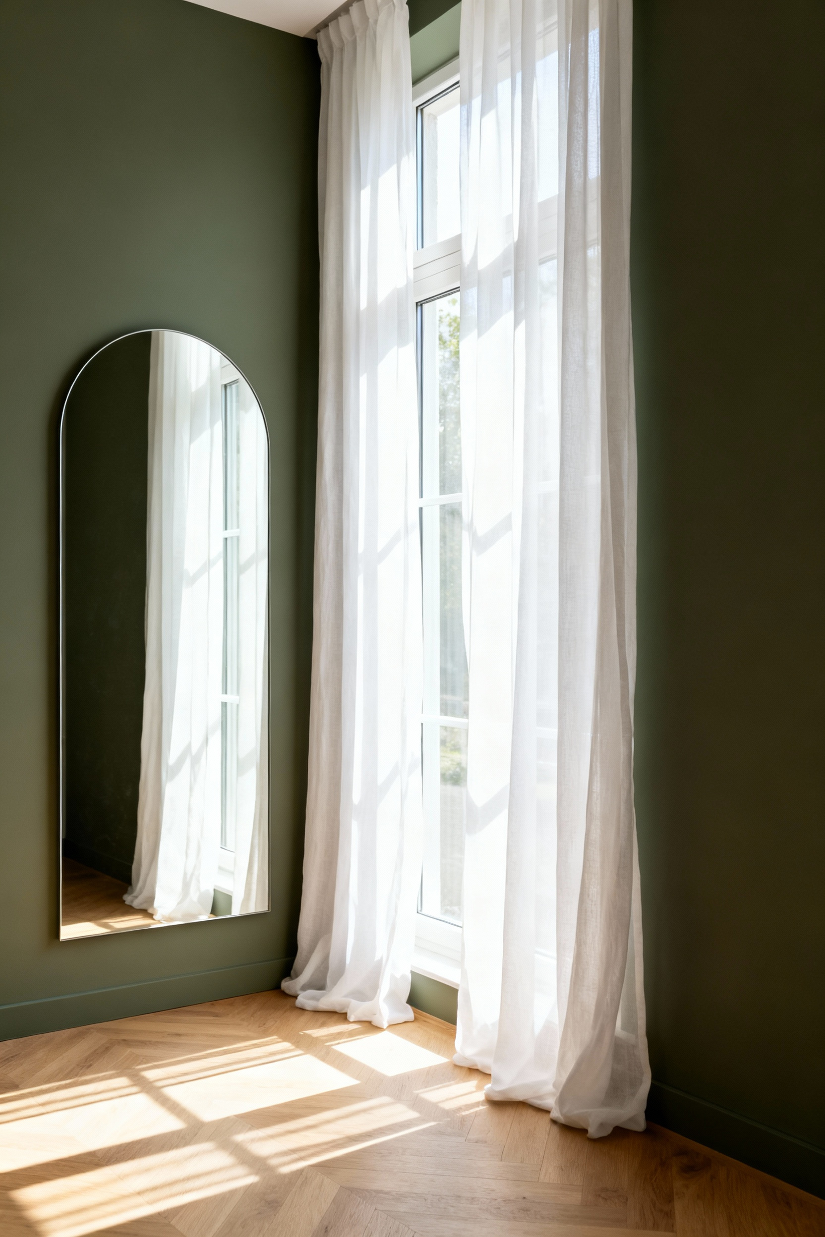 A tranquil bedroom featuring soft sage green walls, sheer white curtains covering a large window, and a strategic arched mirror reflecting natural light to enhance the restorative atmosphere.