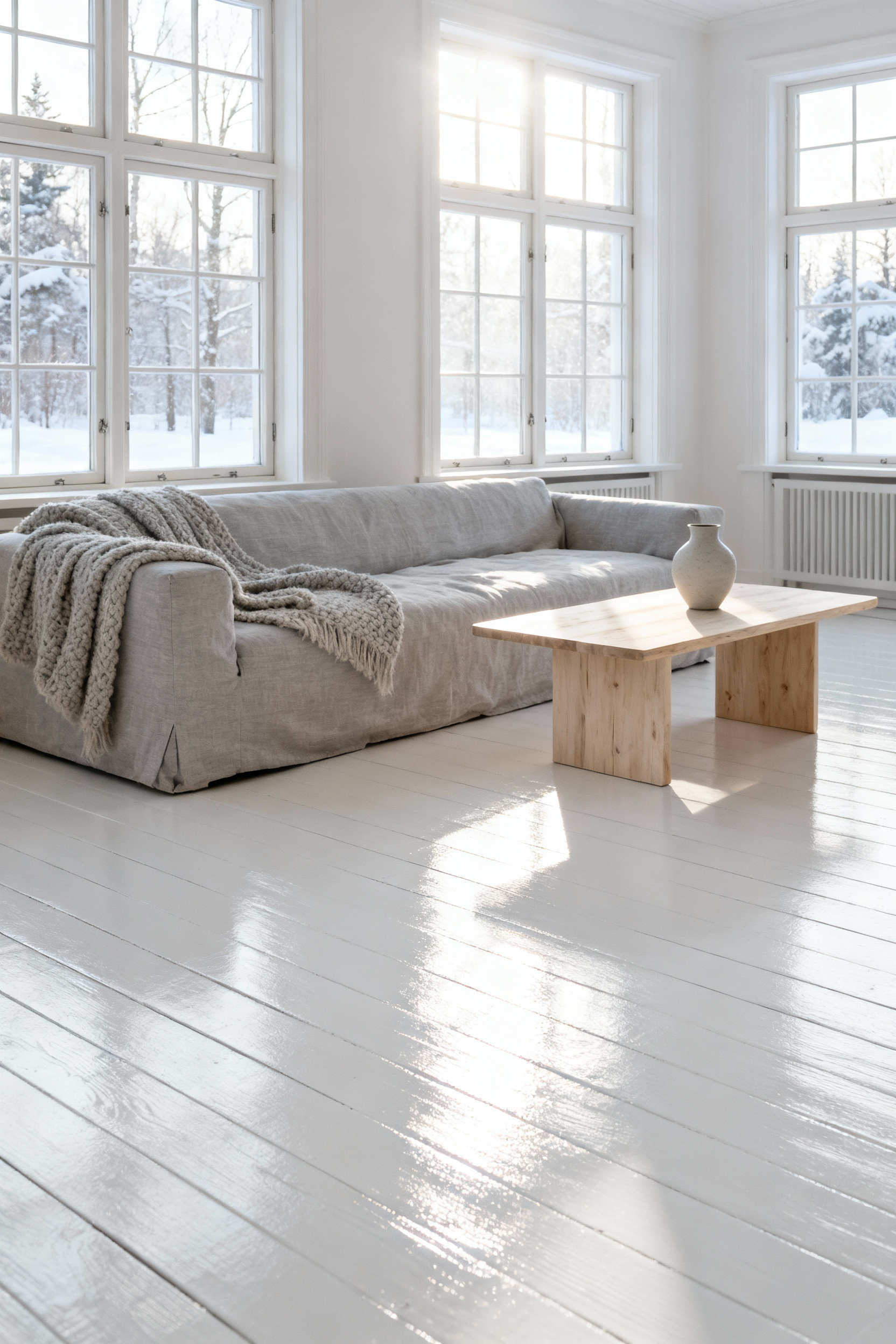 A bright Scandinavian living room featuring expansive chalk-white painted wood flooring that reflects abundant winter daylight, contributing to an open, airy feel.