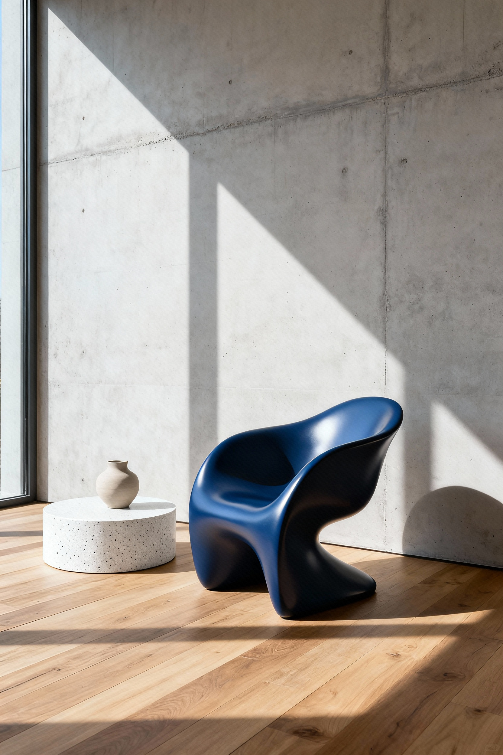 A minimalist modern living room featuring a sculptural indigo accent chair placed prominently against a concrete wall, emphasizing the chair's role as a functional piece of art.