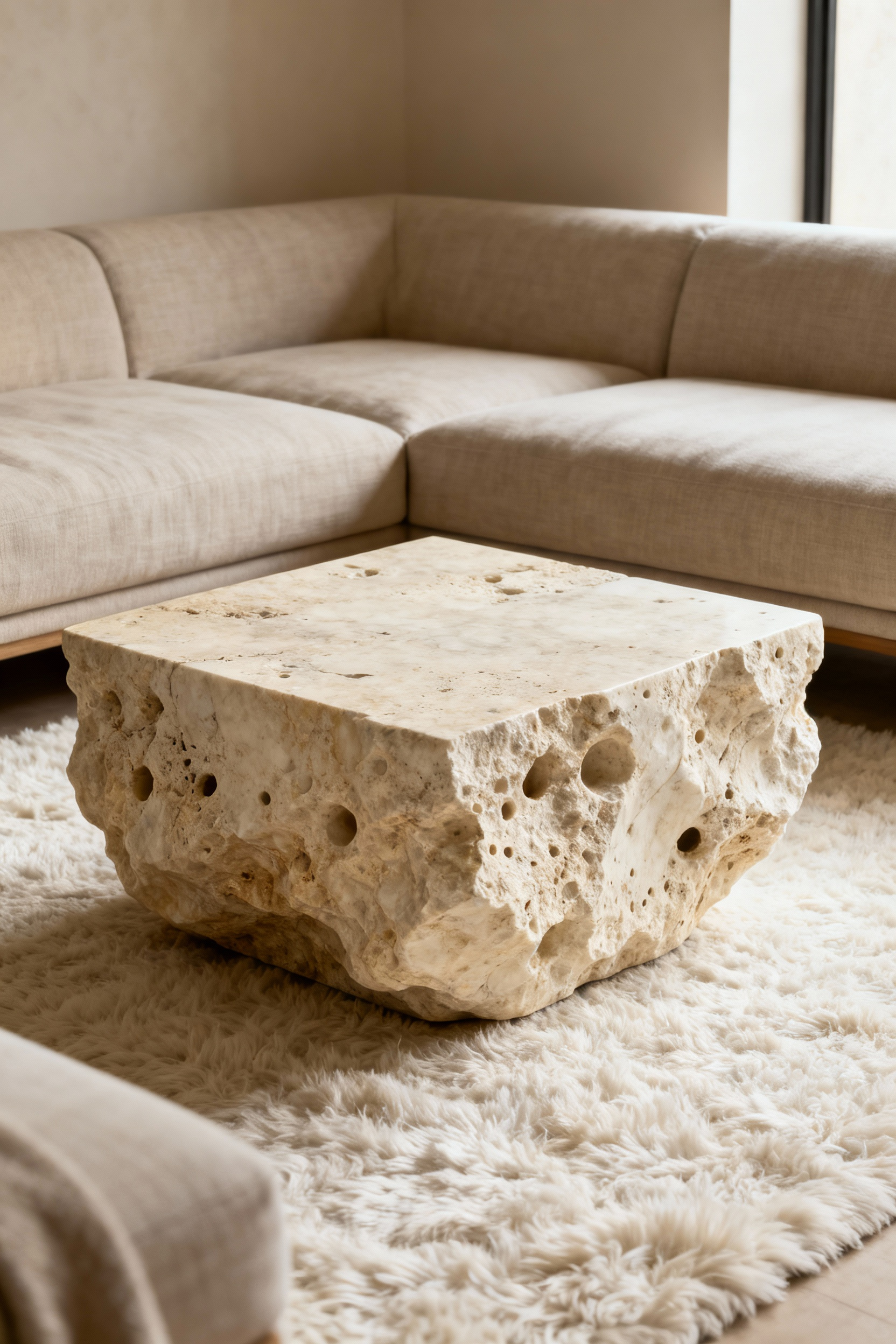 A large, monolithic Travertine stone coffee table with natural pitting and texture anchoring a modern, minimalist living room with warm sunlight.