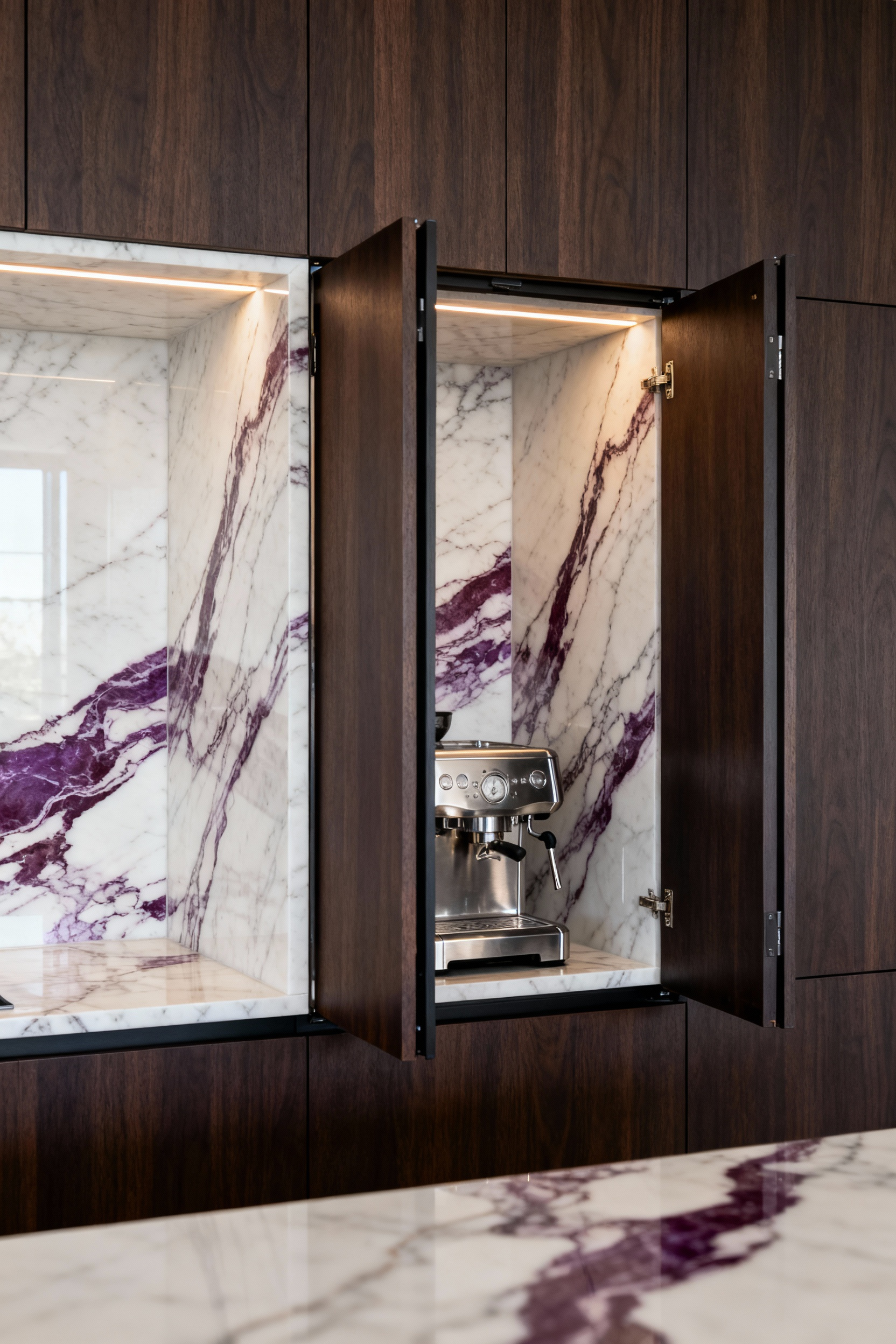 A contemporary kitchen appliance garage with doors open, showcasing a luxurious continuous slab of richly veined Calacatta Viola marble extending from the main backsplash onto the interior back wall of the hidden storage for a cohesive design.