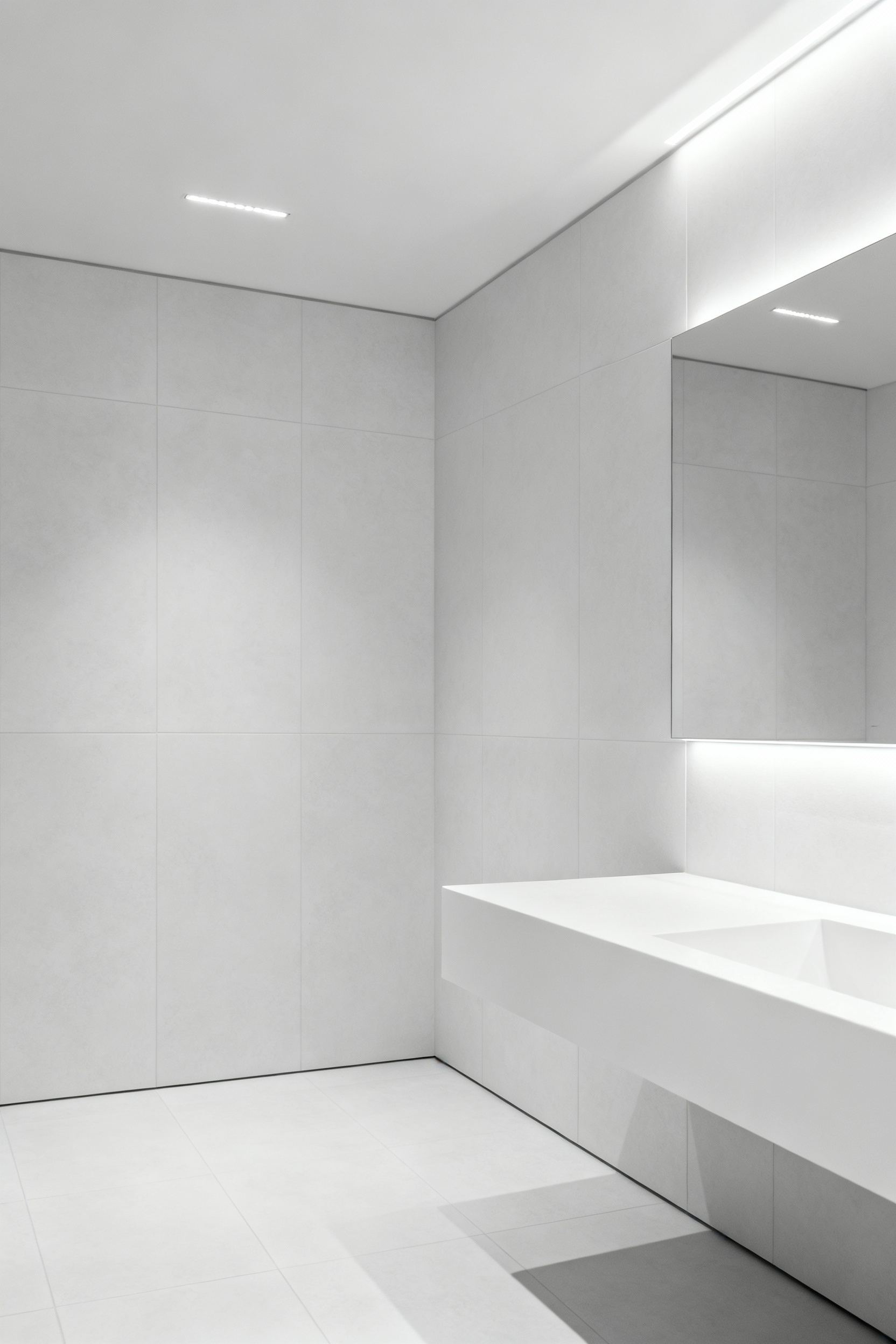A pristine modern bathroom featuring seamless visual continuity created by large, meticulously matched white floor and wall tiles. The design emphasizes a smooth, uninterrupted transition between surfaces, fostering a spacious and tranquil environment.