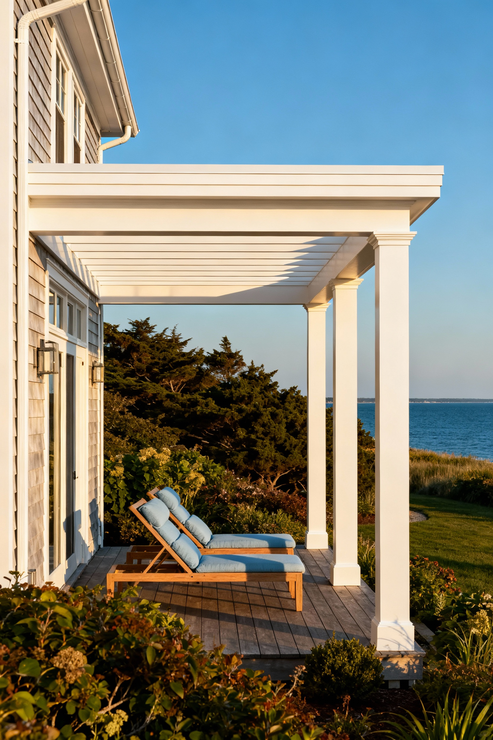 A wide shot of a white wooden back porch pergola architecturally aligned with the main house roofline, showcasing a seamless outdoor living room extension overlooking the ocean.