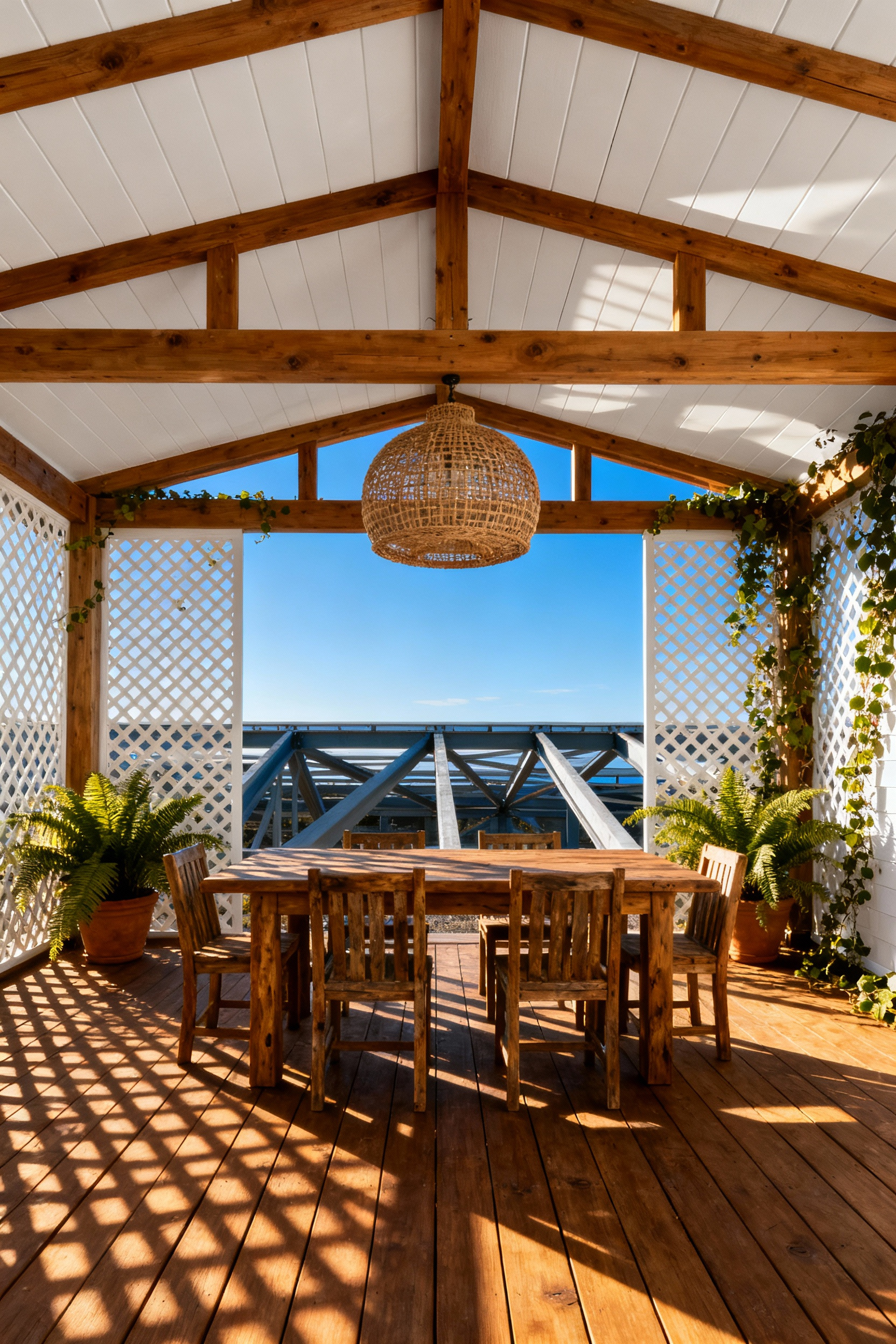 A back porch pergola featuring a solid white shiplap ceiling section installed over an outdoor dining table, contrasting with the open wooden beams of the rest of the structure to define a specific eating zone.