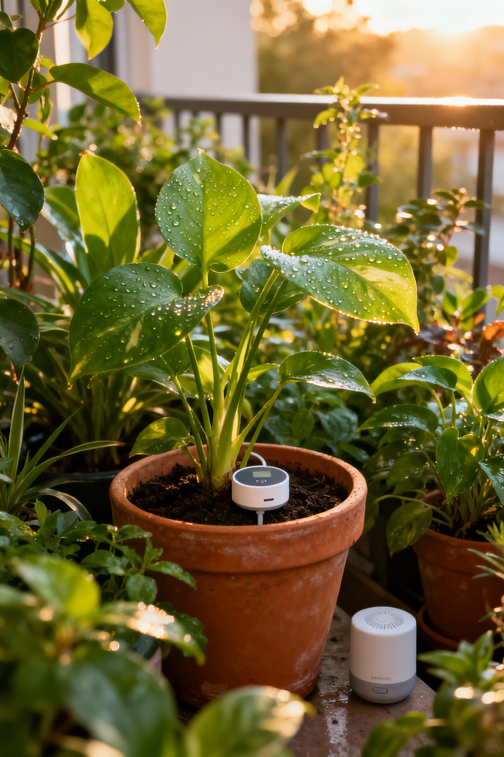 Image of a modern soil moisture sensor discreetly integrated into a lush balcony garden plant pot, demonstrating precise watering and environmental monitoring technology.