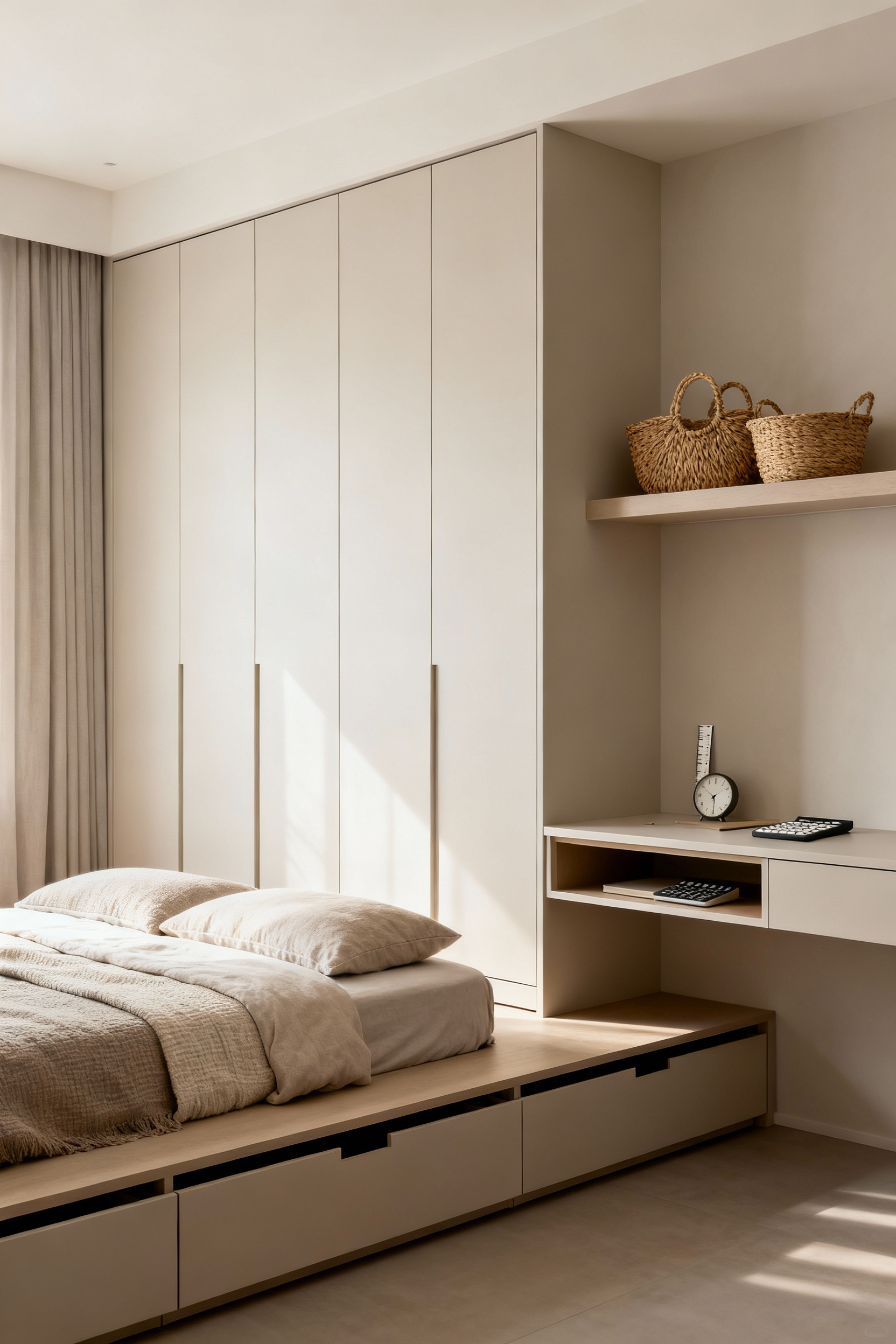 Cozy bedroom interior with smart storage solutions, including a platform bed with hidden drawers, built-in wardrobes, and woven storage baskets. The room showcases minimalist aesthetic, aesthetic flow, and functional zen with natural light.