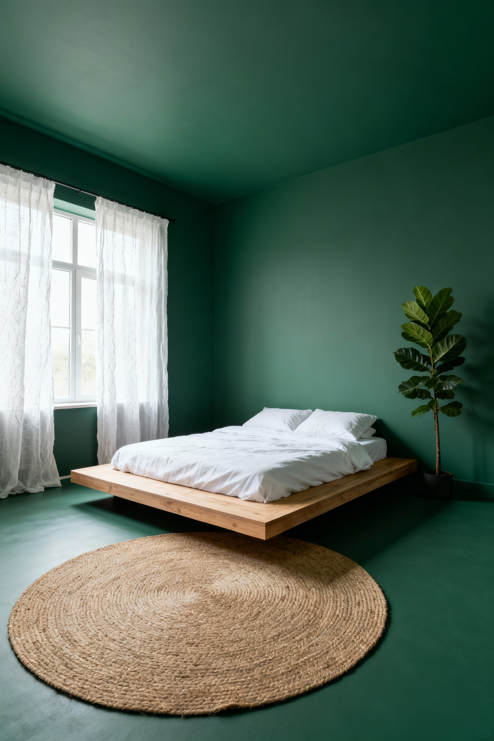 A serene bedroom interior demonstrating the color drenching technique with walls and ceiling painted a continuous soft fern green, creating a cozy canopy effect above a white linen bed.