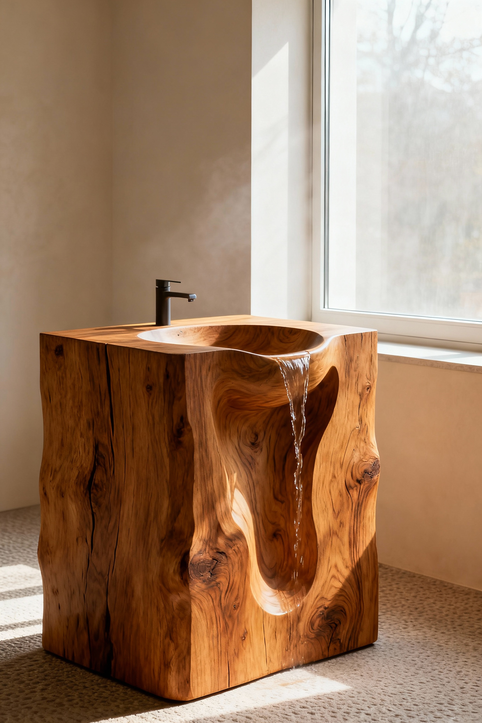A luxurious, seamless integrated bathroom vanity crafted from a solid block of warm-toned wood, with the sink beautifully carved directly into the timber. The professional photo shows the natural grain and texture, bathed in soft light within a serene bathroom setting.