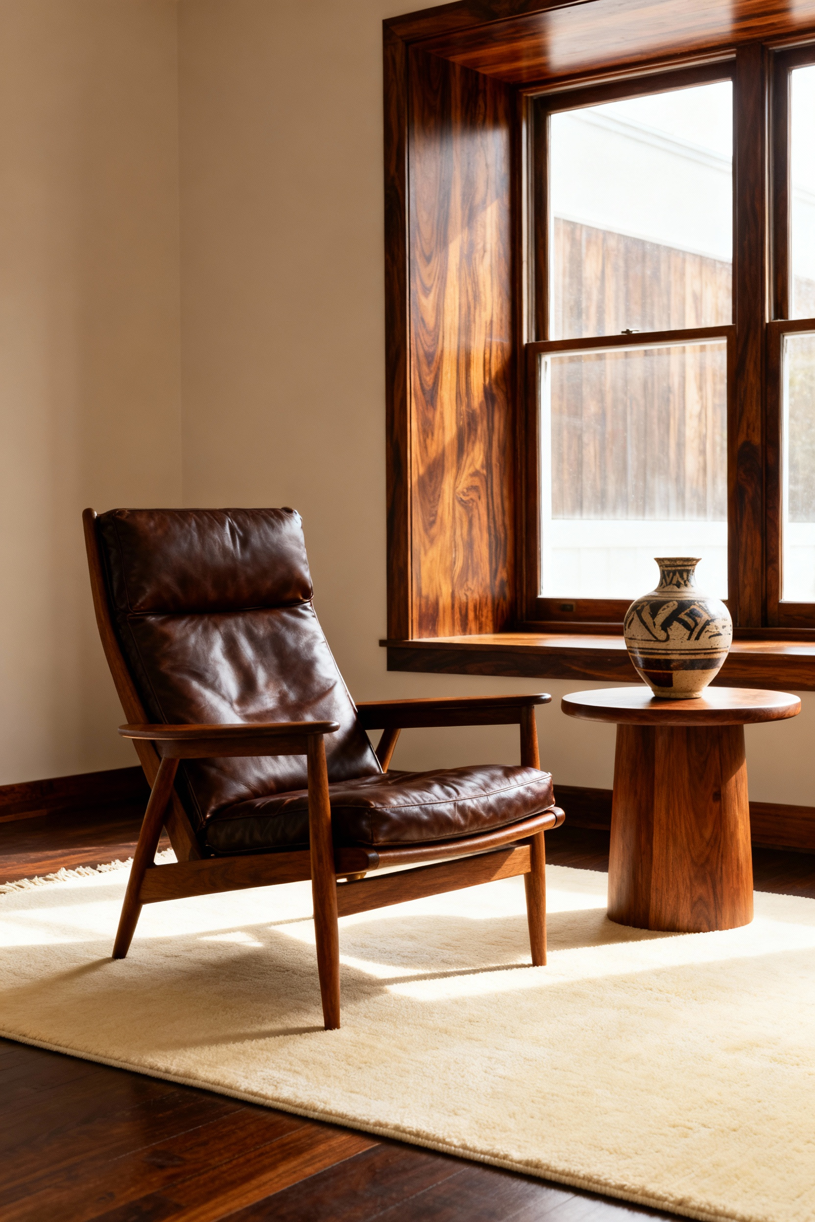 A beautifully lit modern living room featuring high-quality, solid walnut mid-century modern furniture, emphasizing durable construction and design investment over cheap, fast options.
