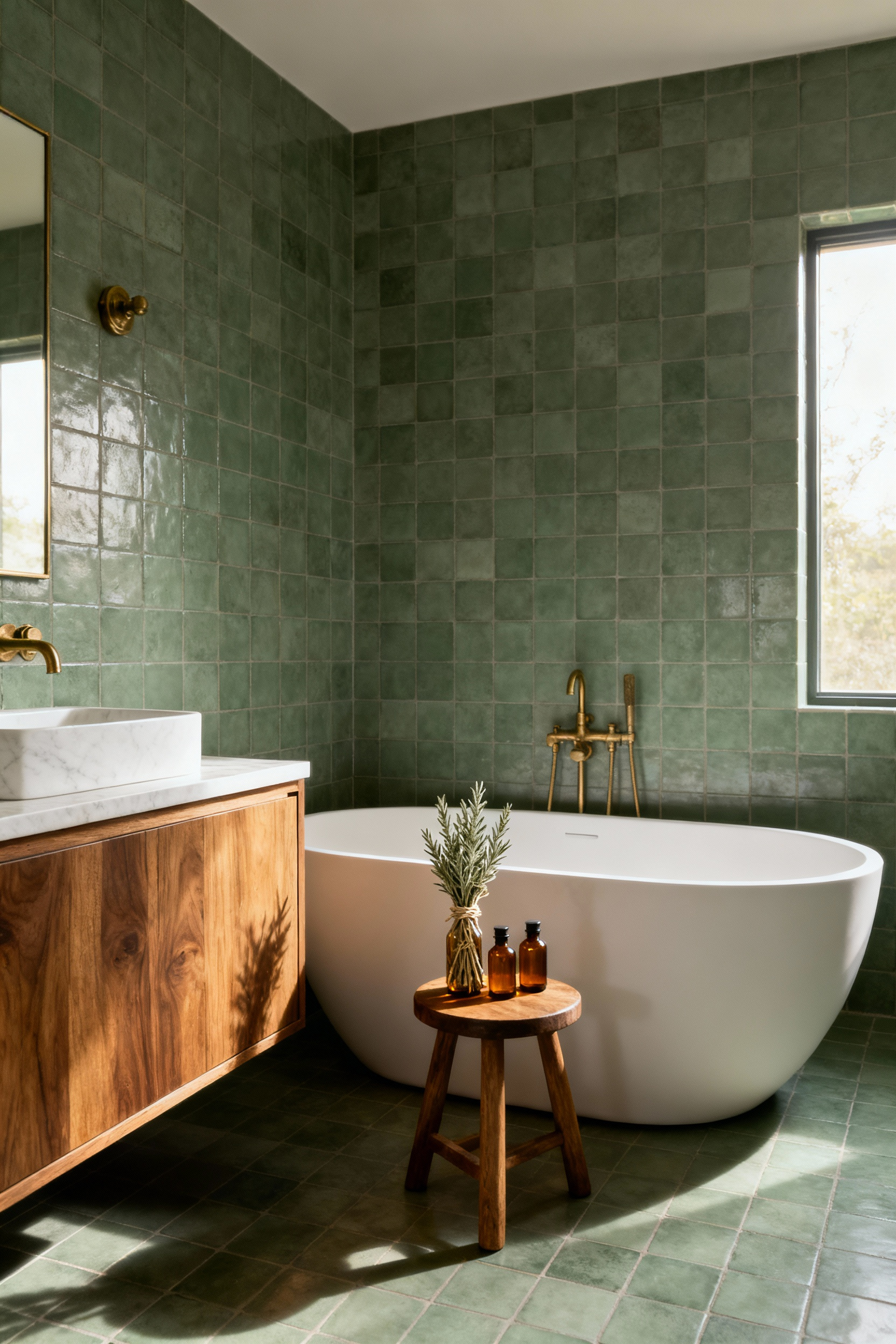 Luxurious sage green bathroom interior featuring a freestanding white soaking tub, teak wood vanity, antique brass fixtures, and diffused natural light, emphasizing a tranquil, wellness-focused design.