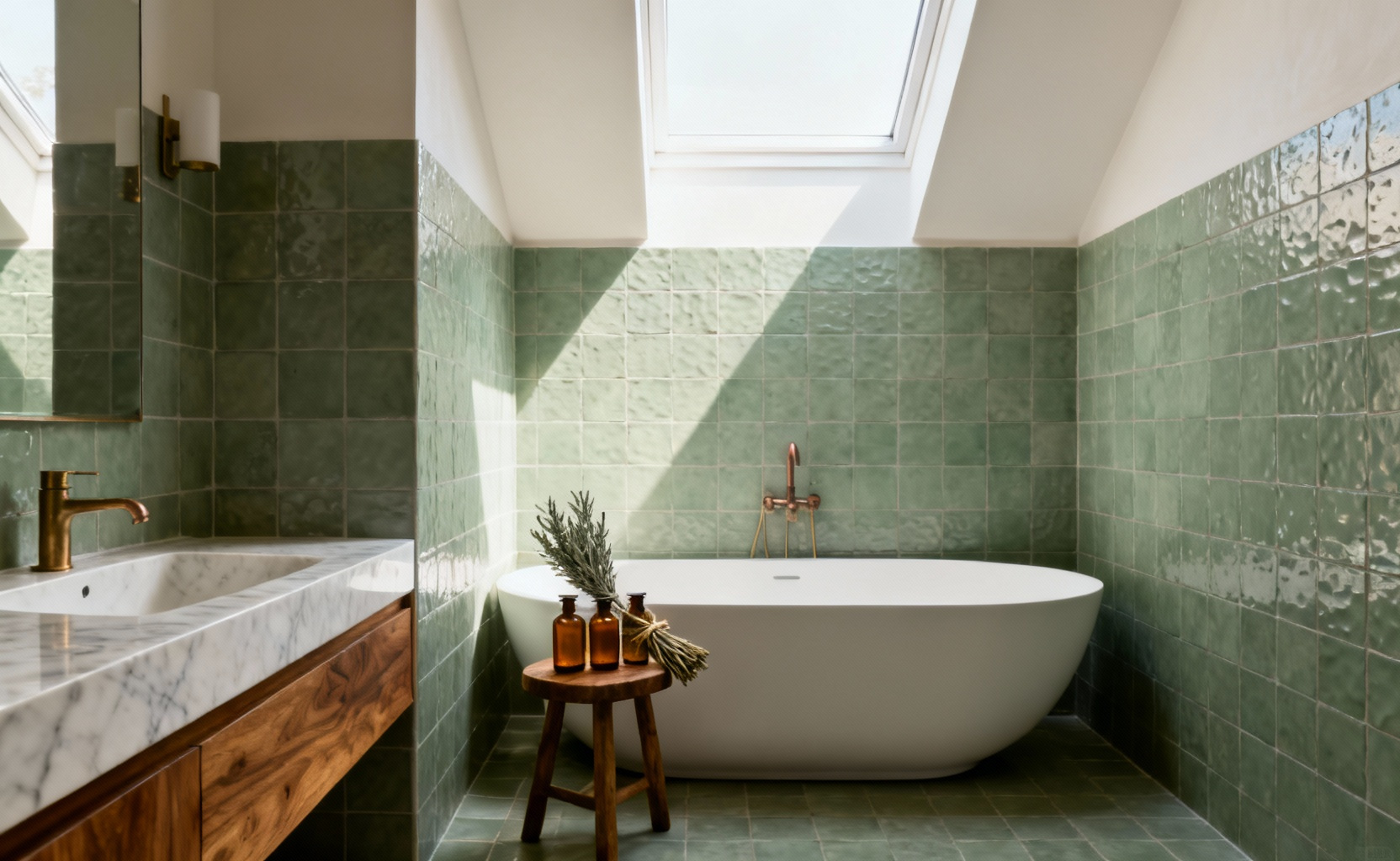 Luxurious sage green bathroom interior featuring a freestanding white soaking tub, teak wood vanity, antique brass fixtures, and diffused natural light, emphasizing a tranquil, wellness-focused design.