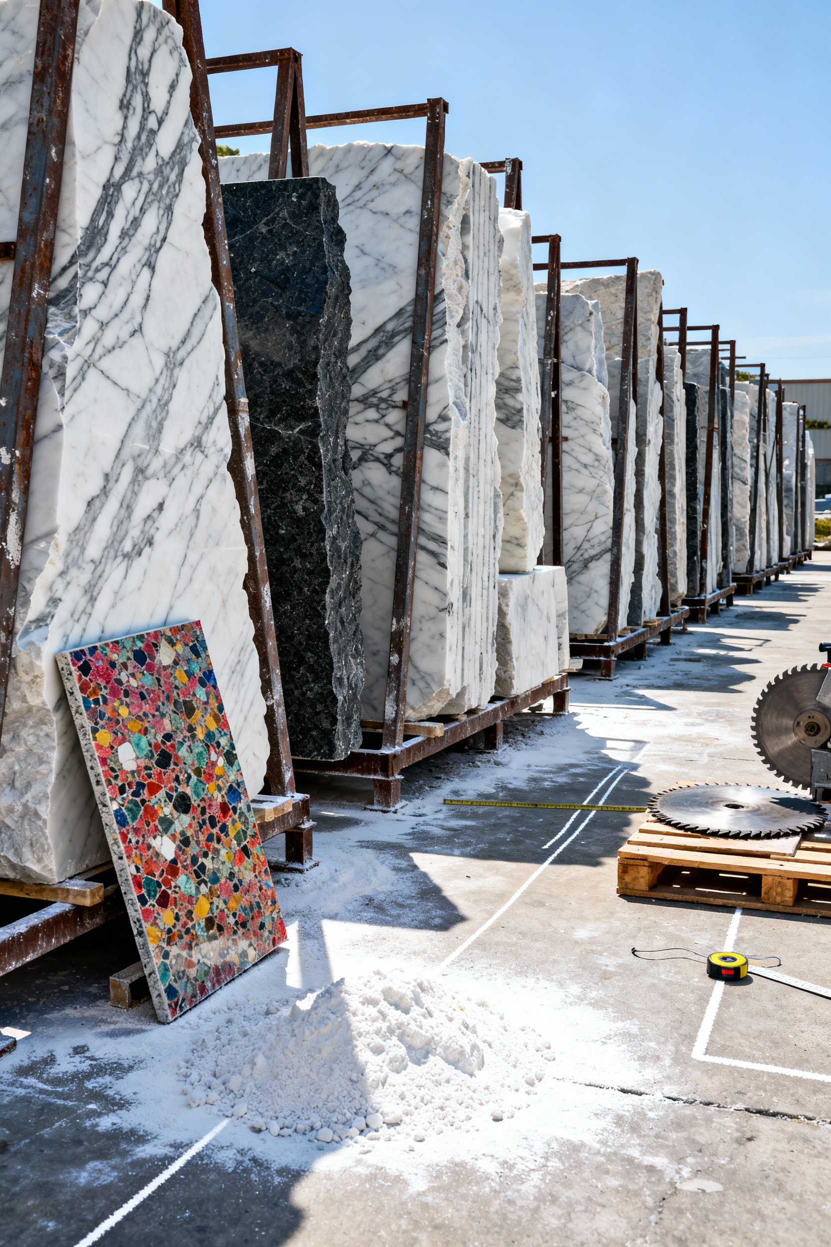 A wide shot of a dusty stone fabricator's remnant yard with vertical A-frames holding jagged slabs of luxury materials like Carrara marble, soapstone, and terrazzo, representing high-end stone salvaged for a bathroom vanity makeover.