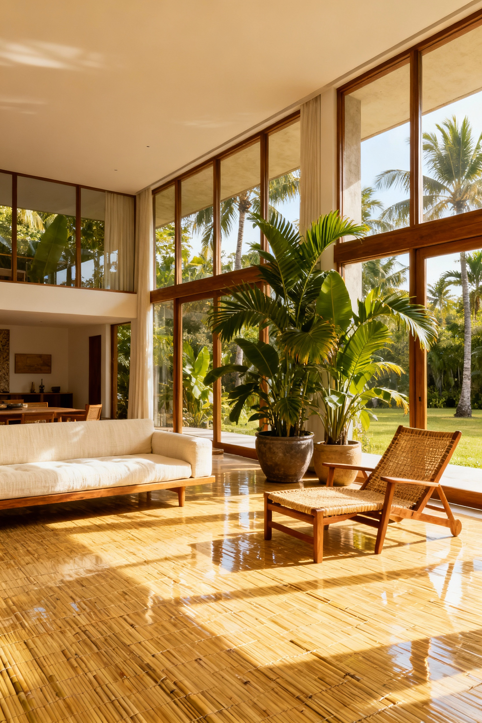 Light strand-woven bamboo flooring installed in a bright, airy Tropical Mid-Century Modern living room featuring rattan furniture and large windows.