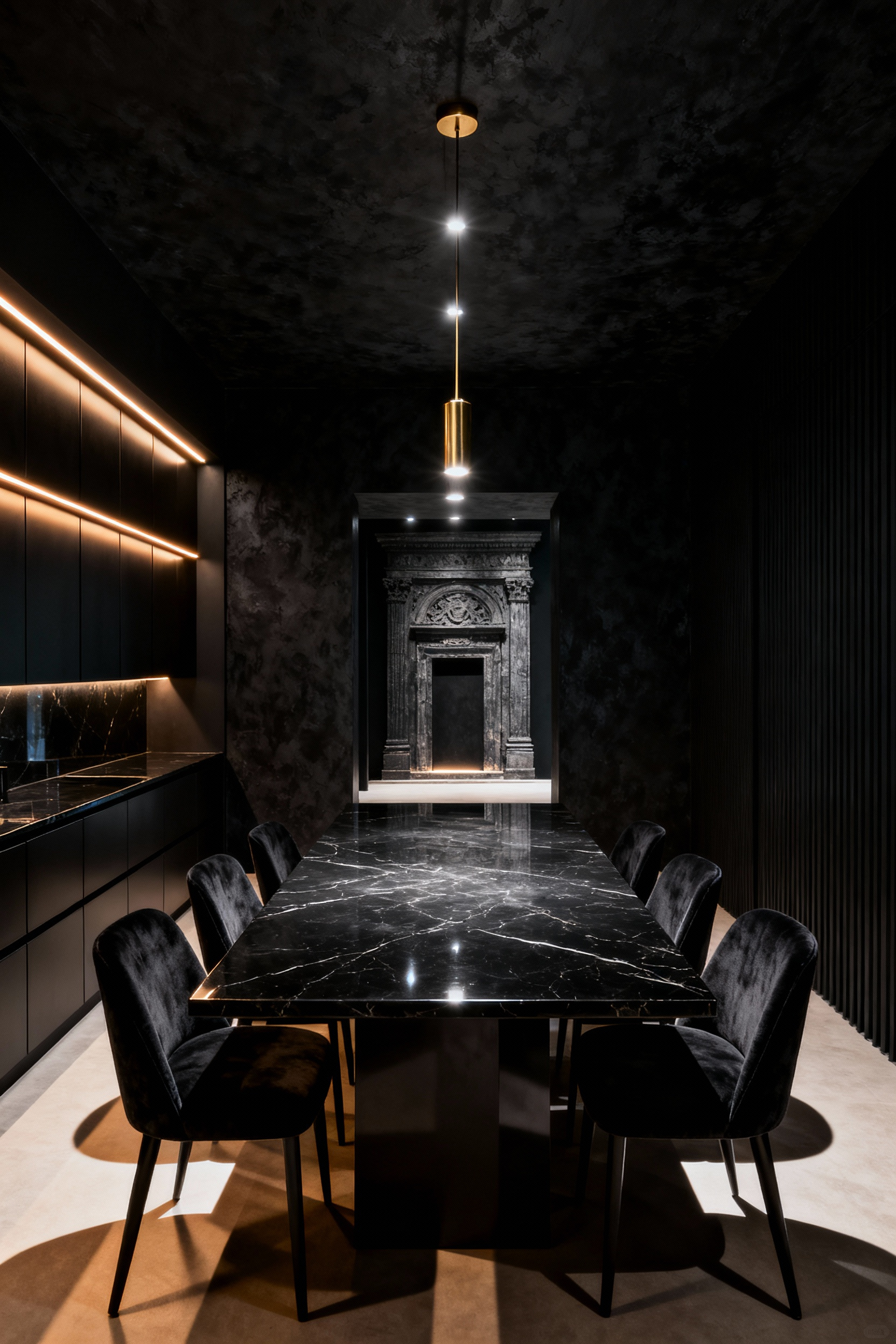 Luxurious black dining room with strategic, layered lighting design. Concealed LEDs and overhead fixtures create dramatic light and shadow, emphasizing polished marble, velvet textures, and architectural details, portraying a sophisticated ambiance without people.