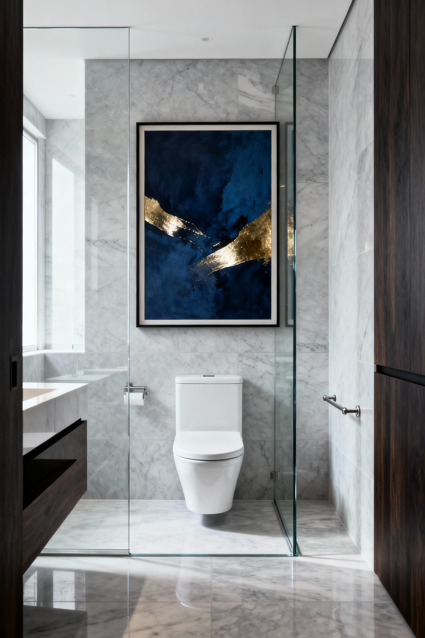 A photograph showing abstract blue and gold art decor strategically placed above a sleek, wall-mounted toilet in a clean, modern bathroom setting to minimize exposure to splashes and humidity.