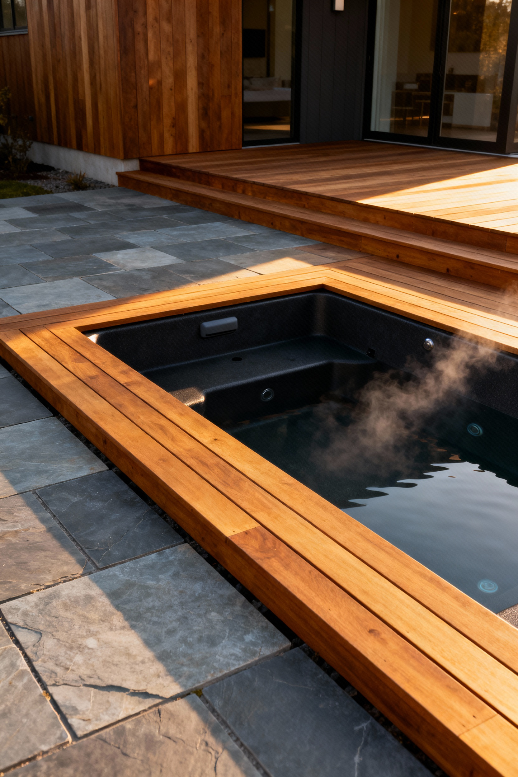 A luxury outdoor spa deeply recessed into a wide cedar deck, appearing perfectly flush with the surface. The integrated, sunken design eliminates visual clutter, contrasting beautifully with adjacent natural gray slate stone pavers under the warm glow of golden hour lighting.