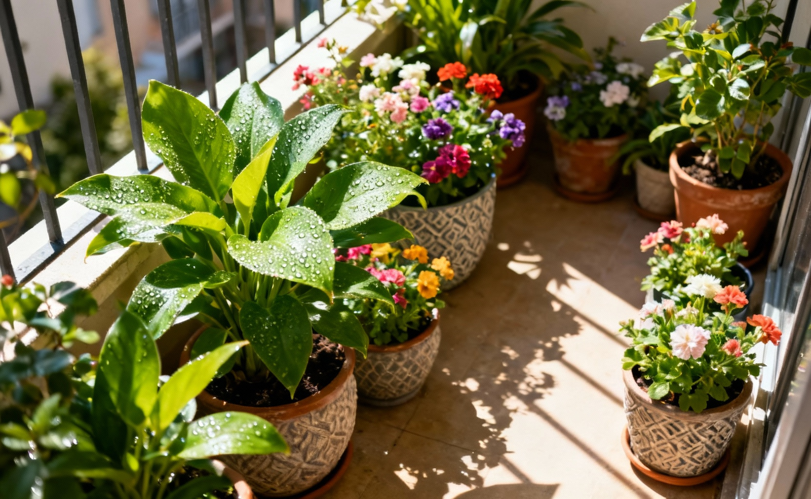 A serene balcony garden showing vibrant plants in various light conditions, demonstrating effective sunlight calibration for optimal plant vitality. Focus on thriving greenery under natural light patterns.