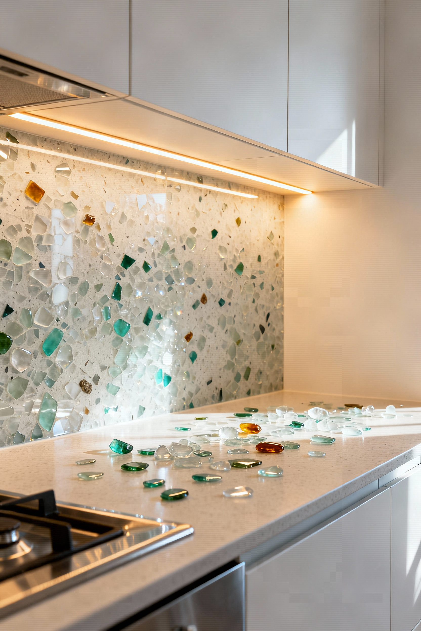 A modern kitchen featuring a dazzling, large-format recycled glass composite backsplash in a terrazzo style, capturing and scattering warm light from under-cabinet LEDs.