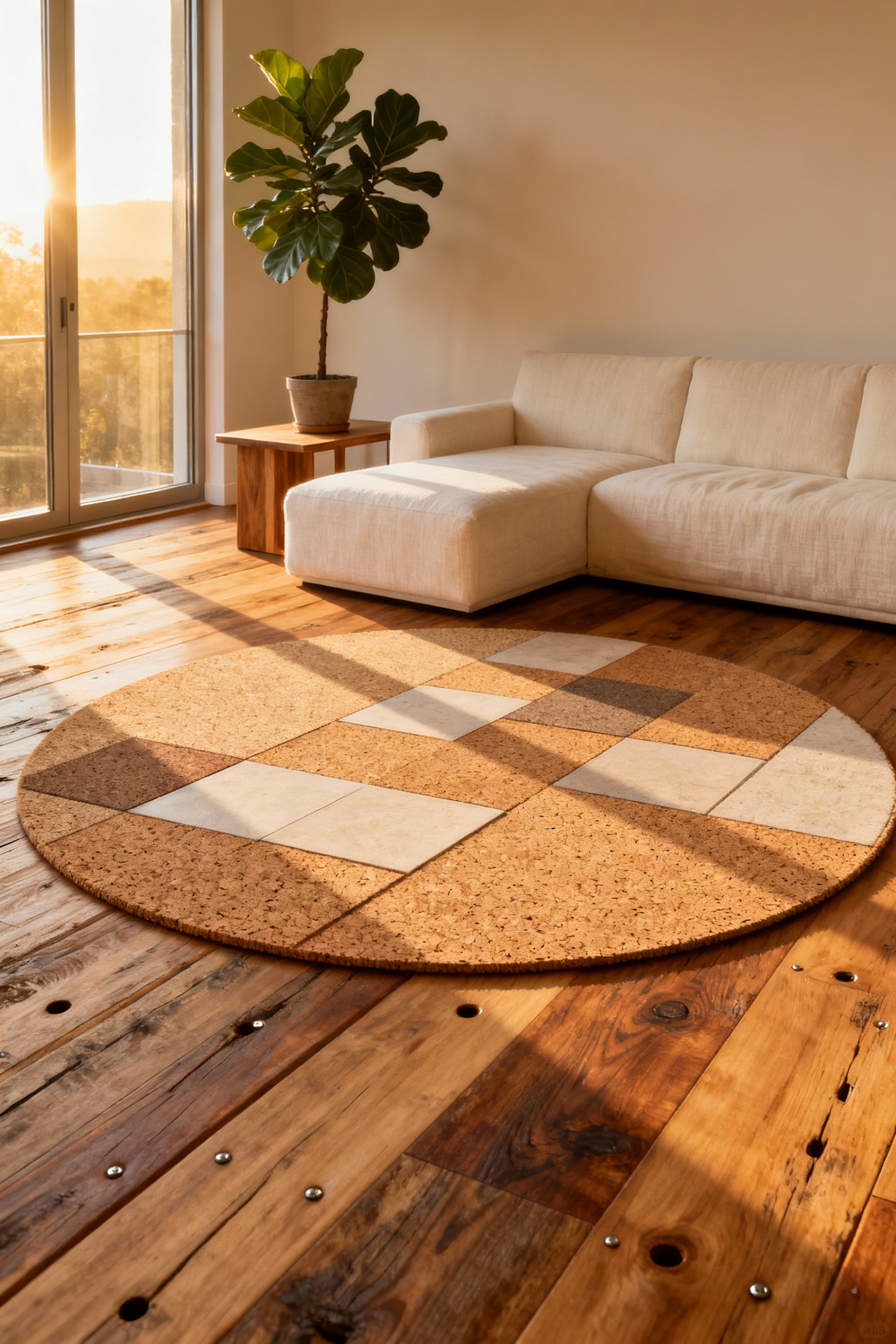 Modern living room interior featuring sustainable design with wide-plank reclaimed oak flooring and a large, textured circular cork area rug under a low coffee table.