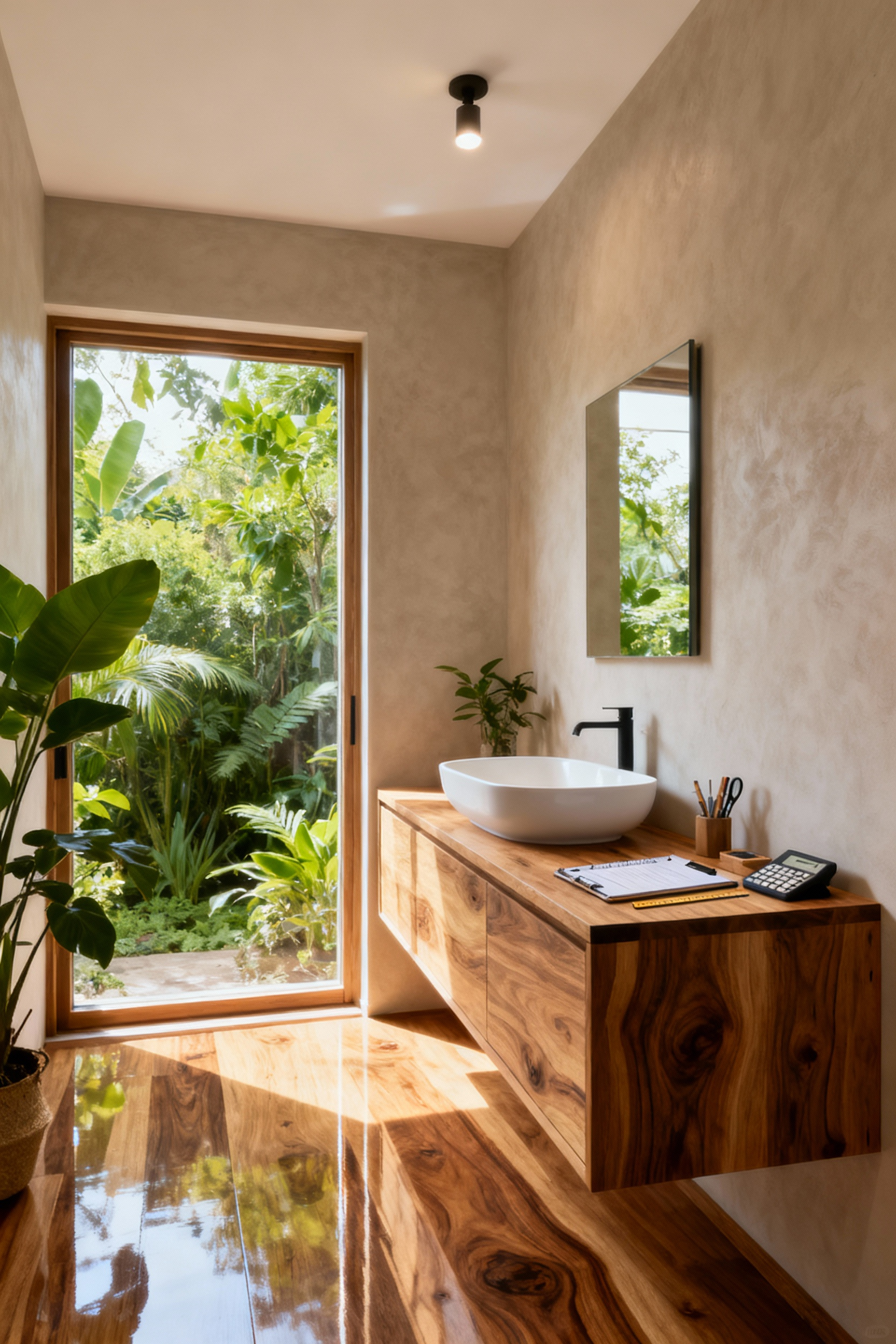 Modern bathroom featuring ethically sourced, naturally finished wooden vanity and flooring, symbolizing forest stewardship principles and sustainable timber practices.