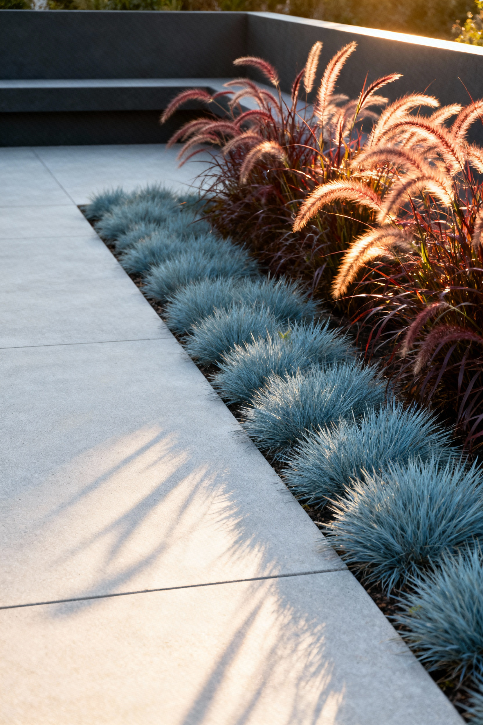 A modern patio border showcasing tactile layering, where dense clumps of blue fescue ornamental grass soften the sharp edges of smooth gray concrete slabs under warm golden hour light.