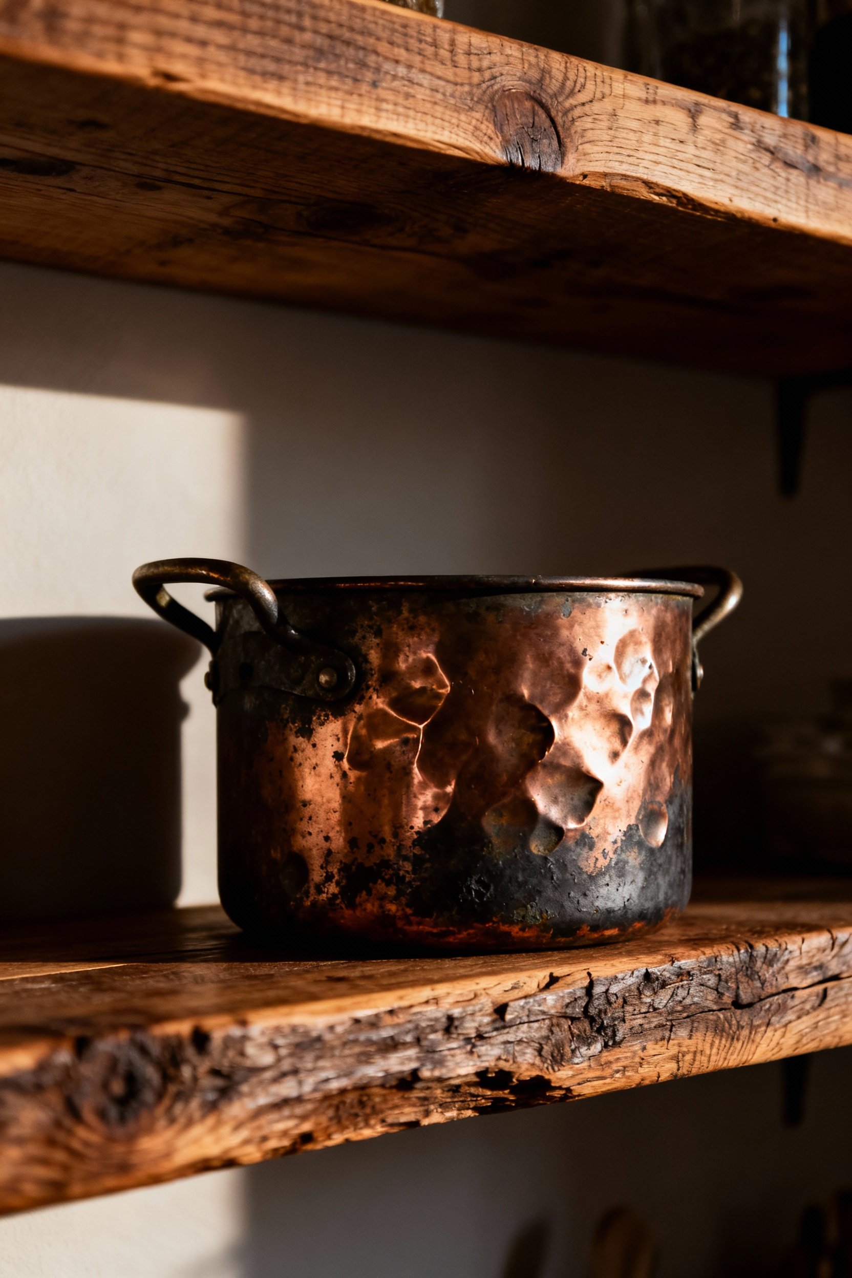 Heavily tarnished vintage copper stockpot resting on a rough-hewn oak shelf, illustrating authentic rustic kitchen decor and the beauty of cookware patina.