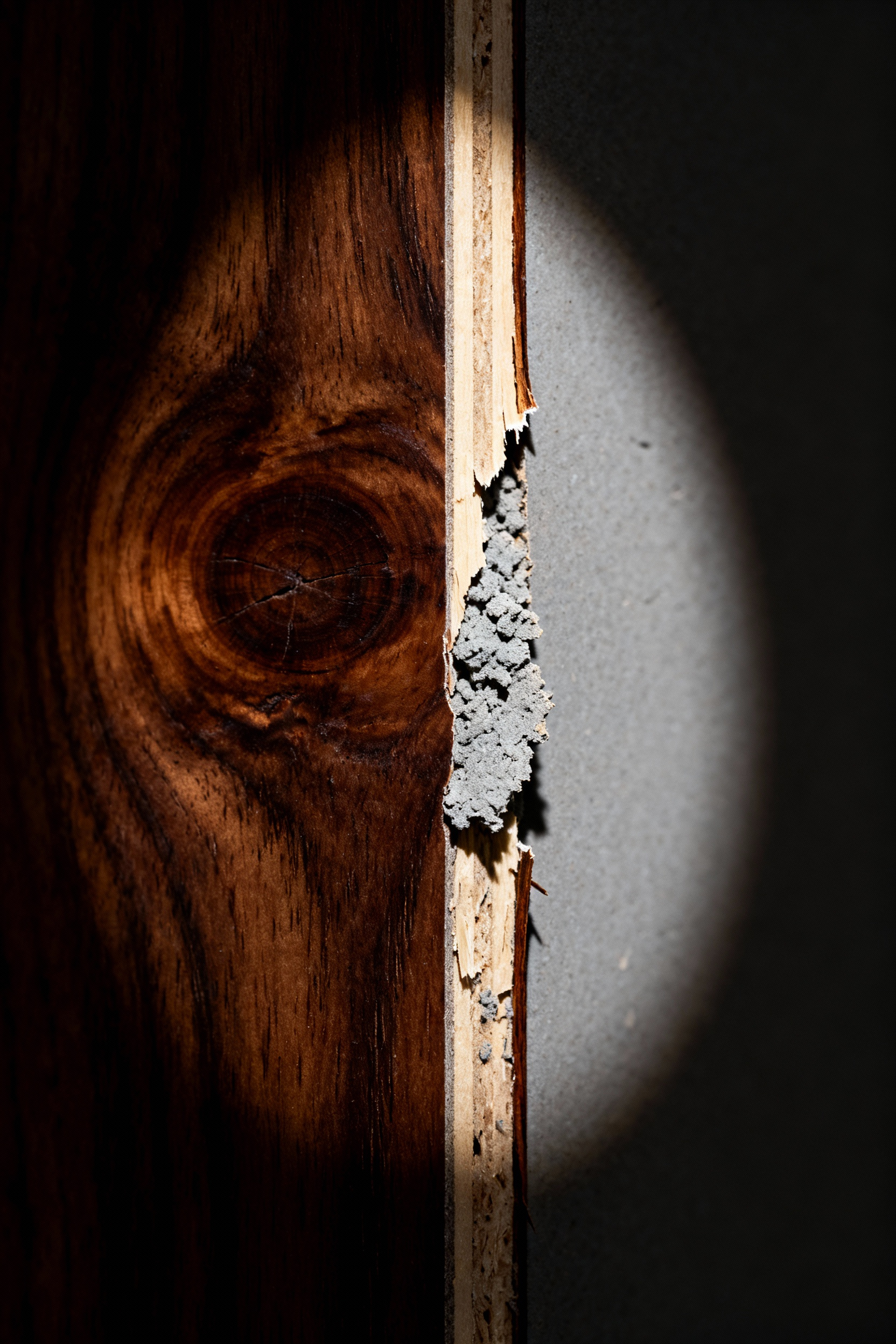 Macro photograph showing the cross-section of a mid-century coffee table edge, clearly contrasting thick solid teak wood grain with a thin veneer layer peeled back to reveal gray particleboard underneath.