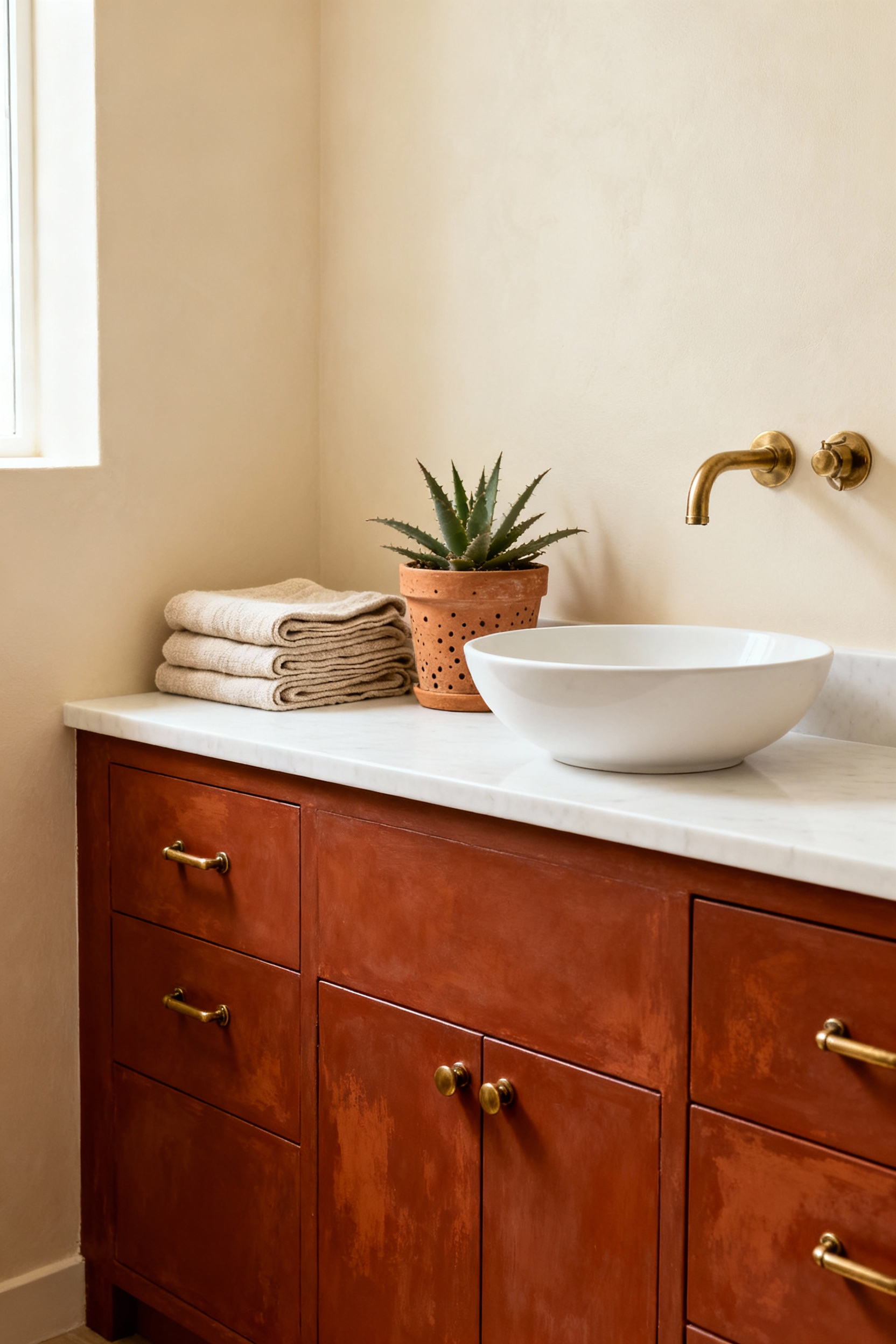 A stylish bathroom vanity painted in rich, matte terracotta mineral paint, contrasted with white counters and brass hardware, emphasizing a sustainable retro makeover.
