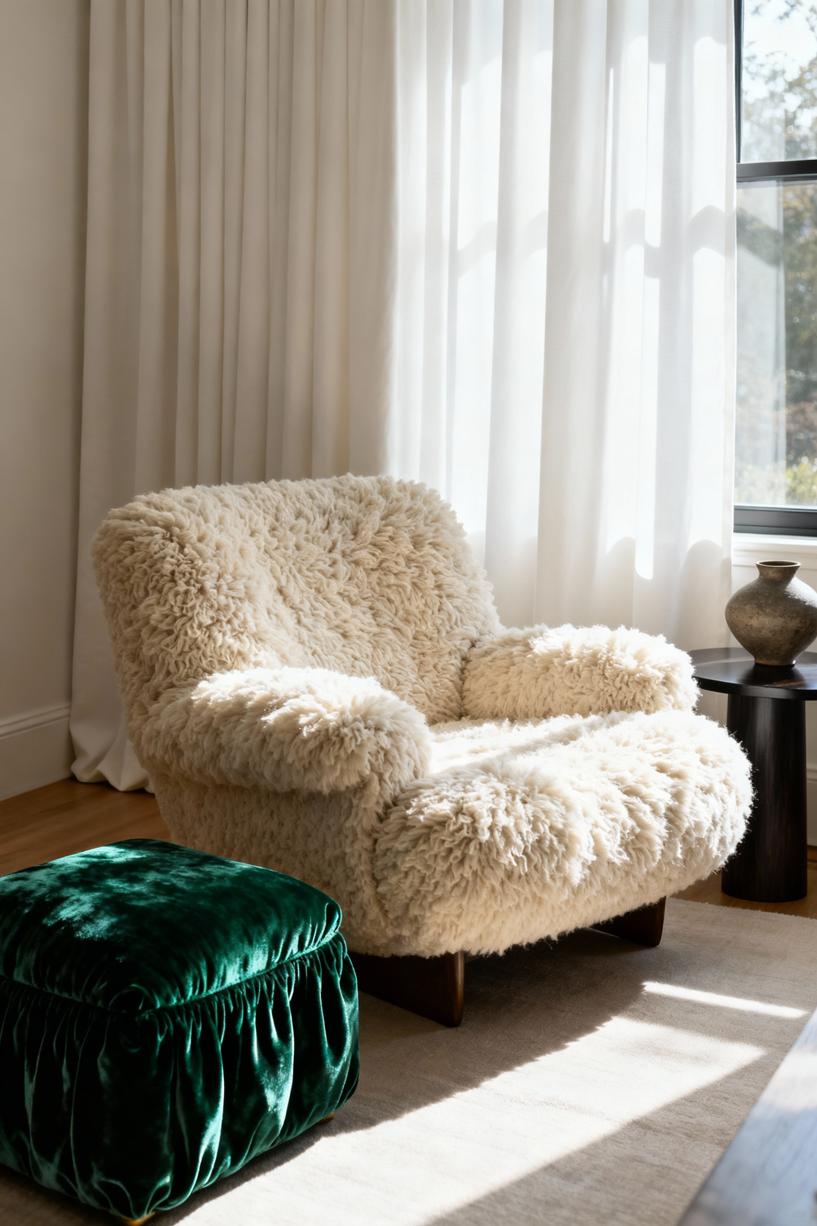 A stylish living room featuring a creamy 1970s boucle armchair contrasted with a deep emerald crushed velvet ottoman and crisp, matte white modern linen drapes, illustrating mixed-era textile styling.