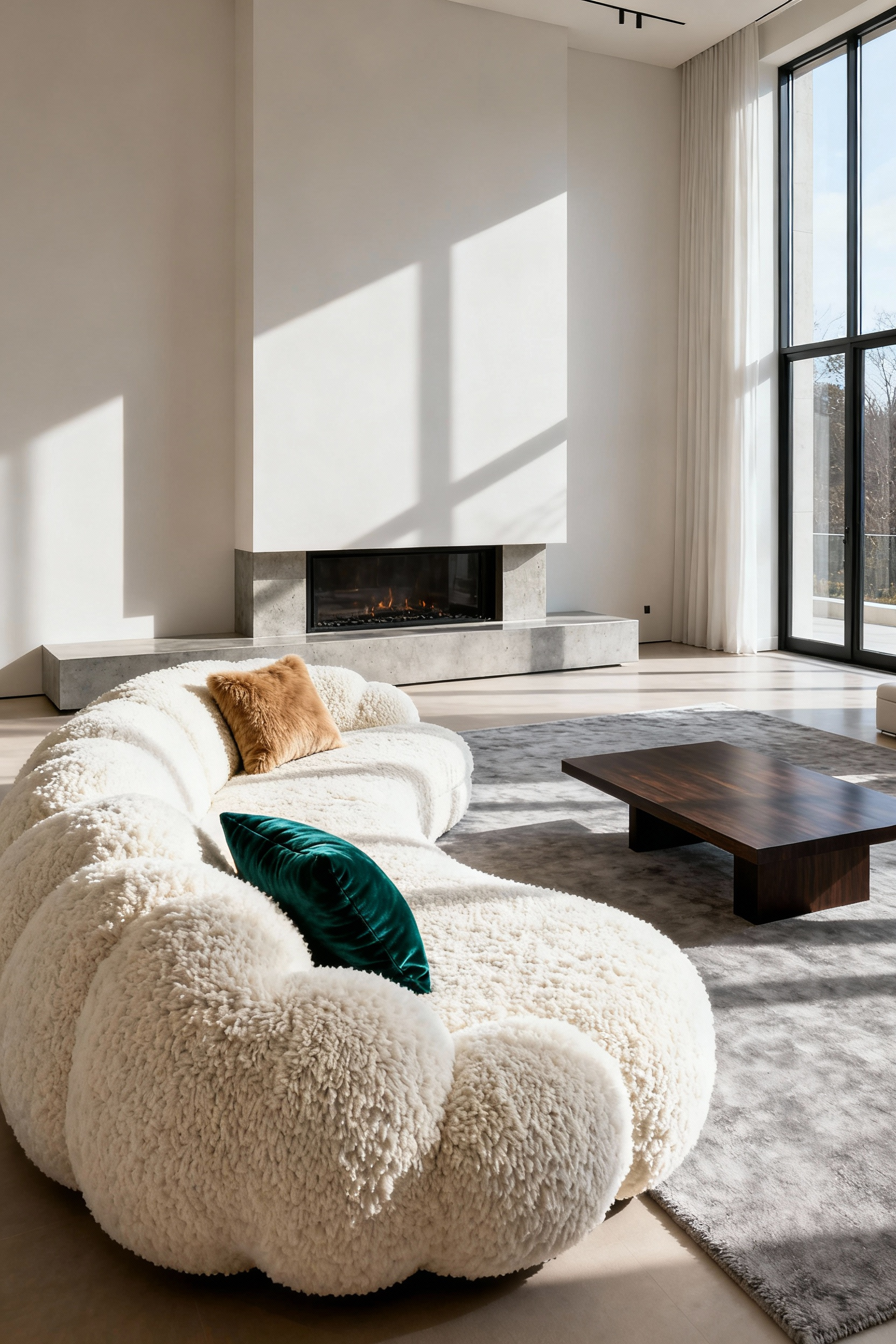 Luxurious modern living room interior featuring an oversized off-white bouclé sectional sofa and dark wood coffee table, showcasing the contrast between soft textures and sleek architectural lines.